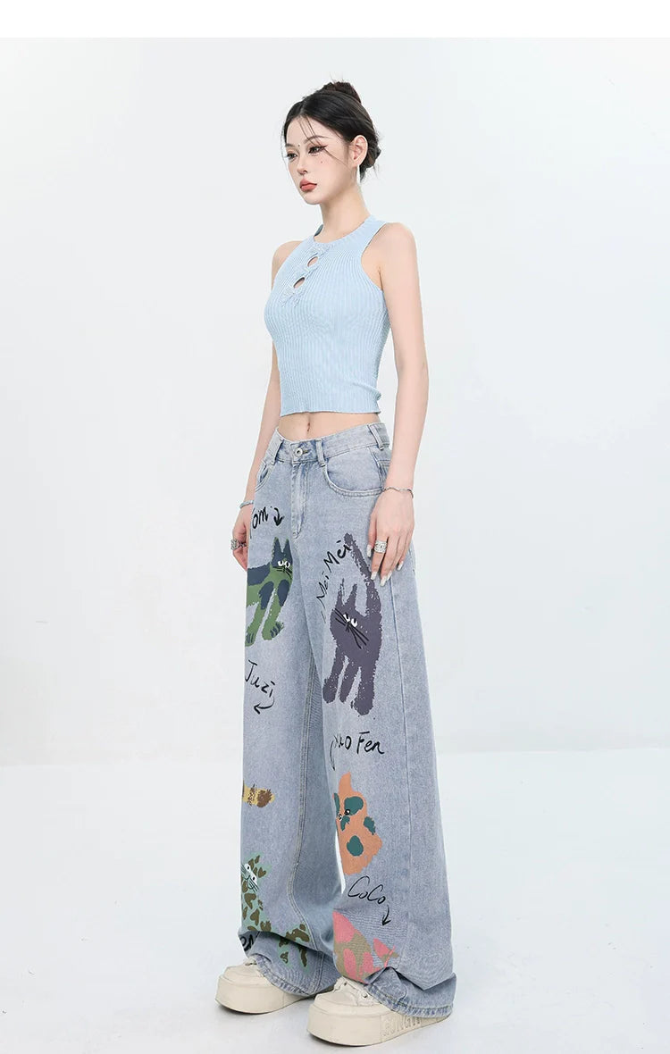 ABWEAR Whimsical Critter Doodle Wide-Leg Jeans sneakershuborg