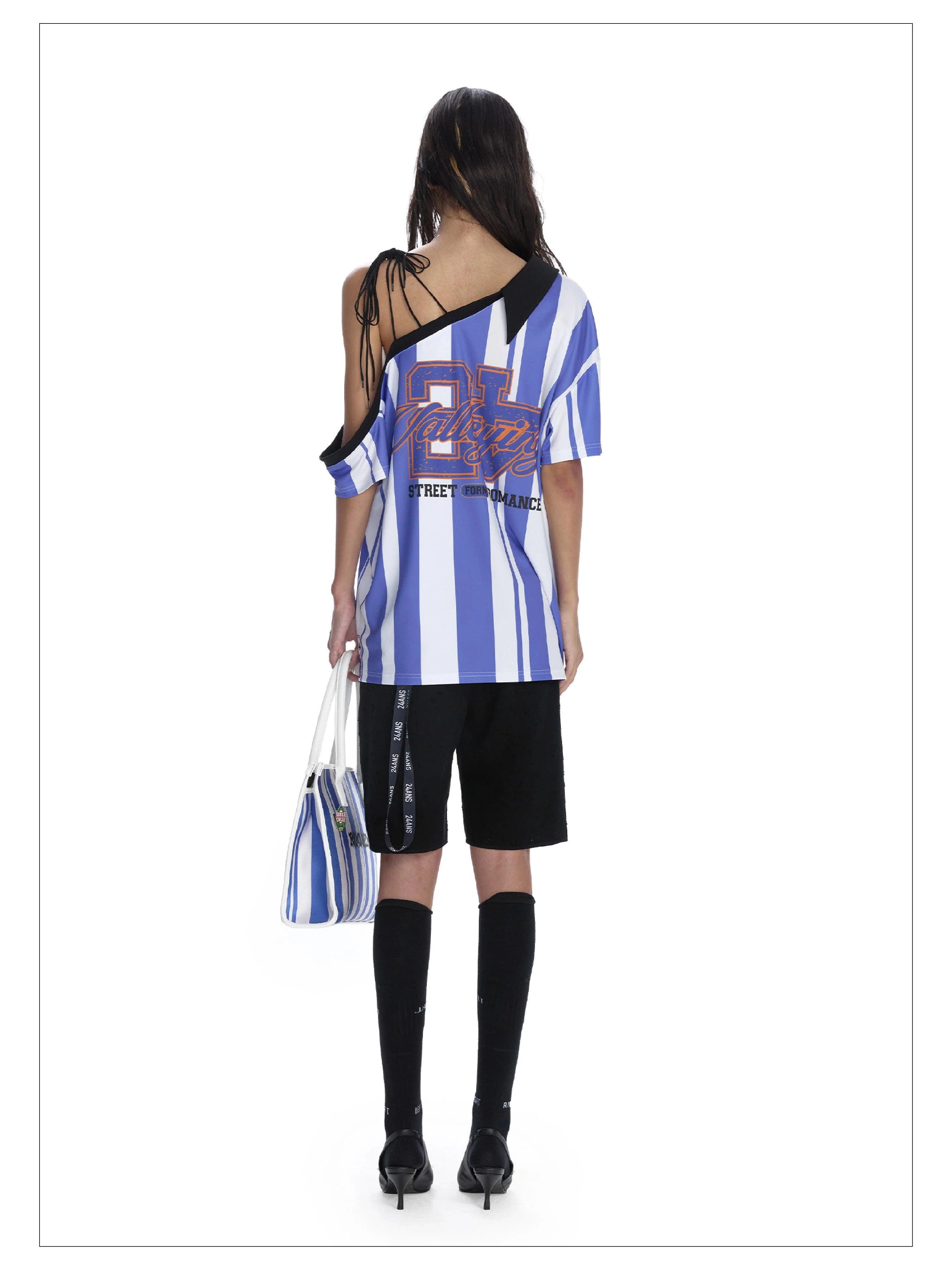 24Ans Striped Off-Shoulder Soccer Jersey - Unisex Asymmetric One-Sleeve Sports Top - sneakershuborg