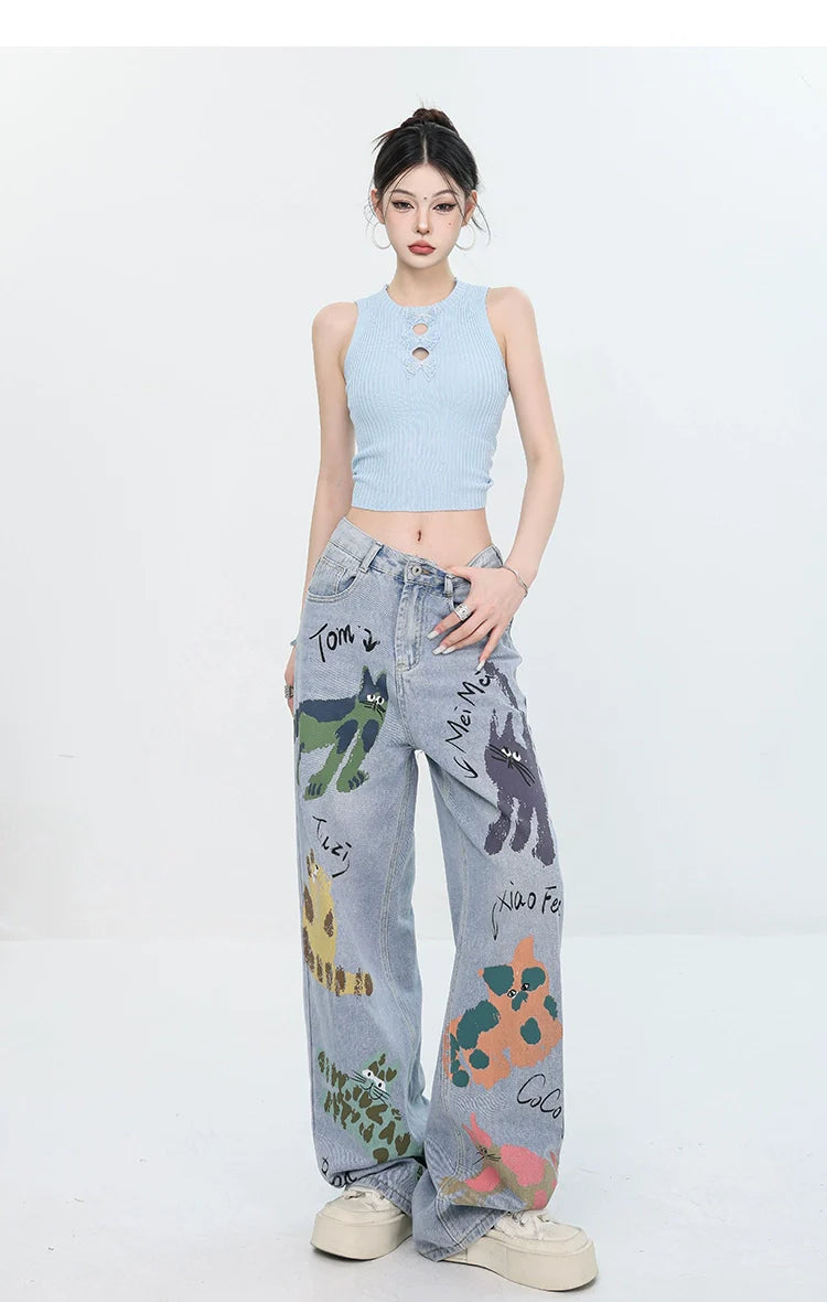 ABWEAR Whimsical Critter Doodle Wide-Leg Jeans sneakershuborg