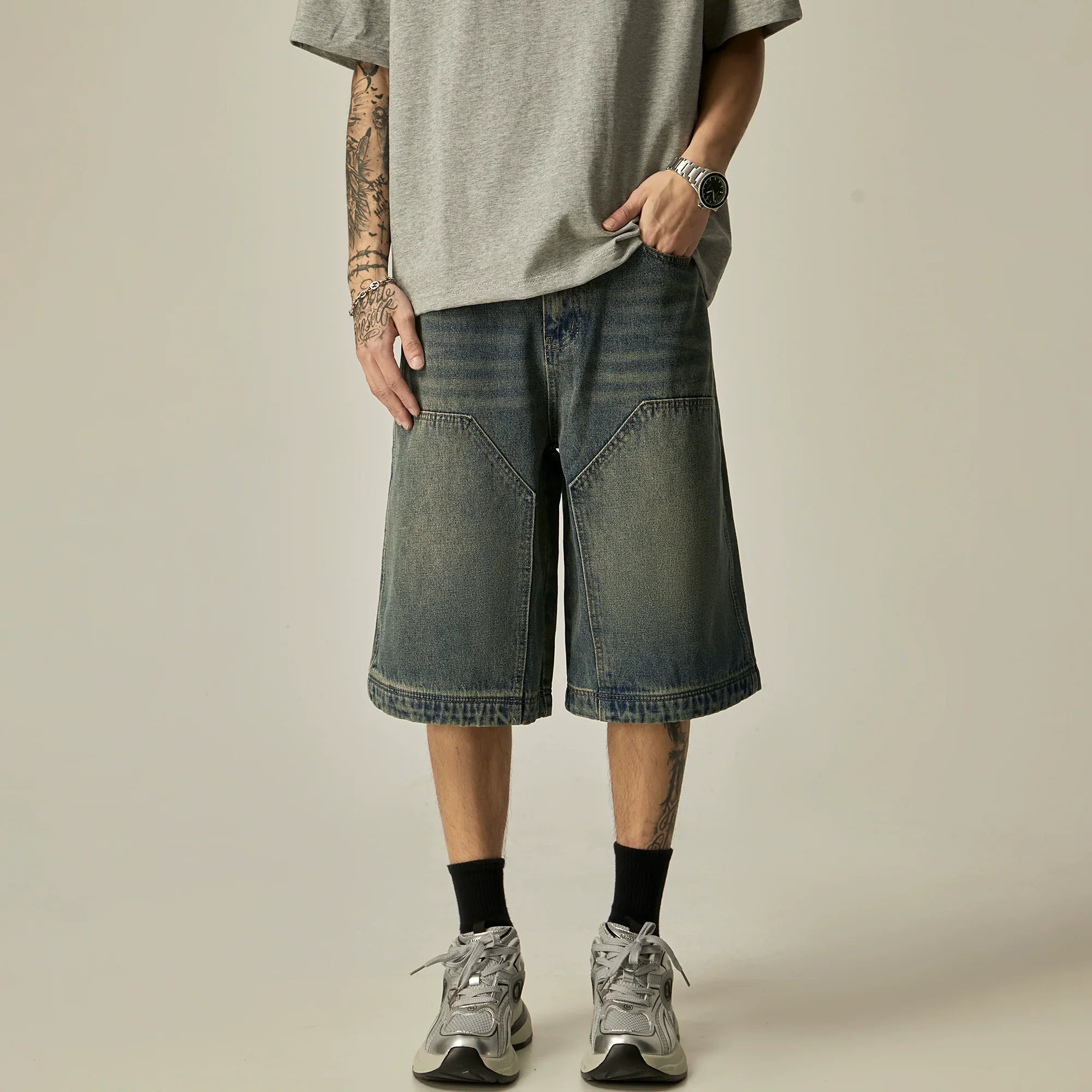 Vintage Wash Wide-Leg Denim Culottes with Panel Detail sneakershuborg