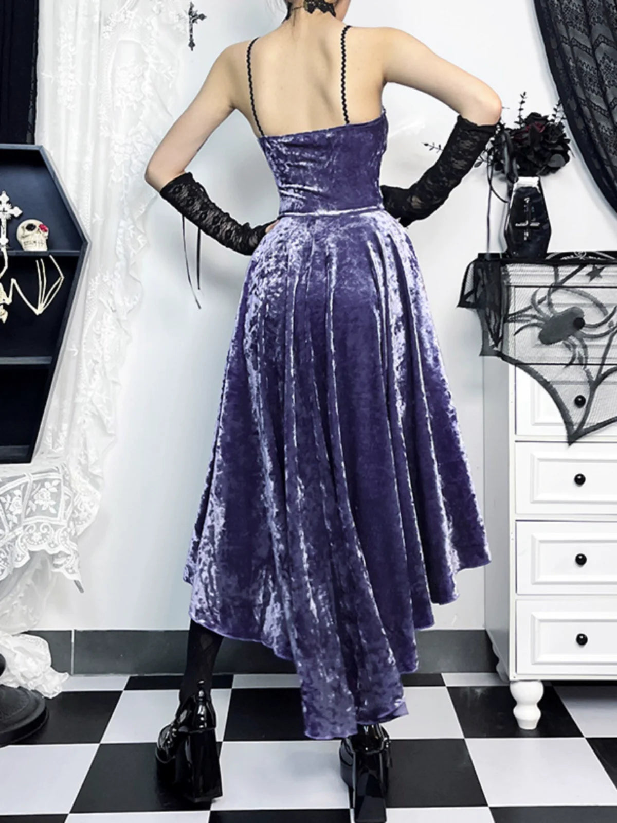 Wannathis Gothic Velvet Corset Dress Set - Purple High-Low Gown With Lace Trim And Black Lace Bolero - sneakershuborg