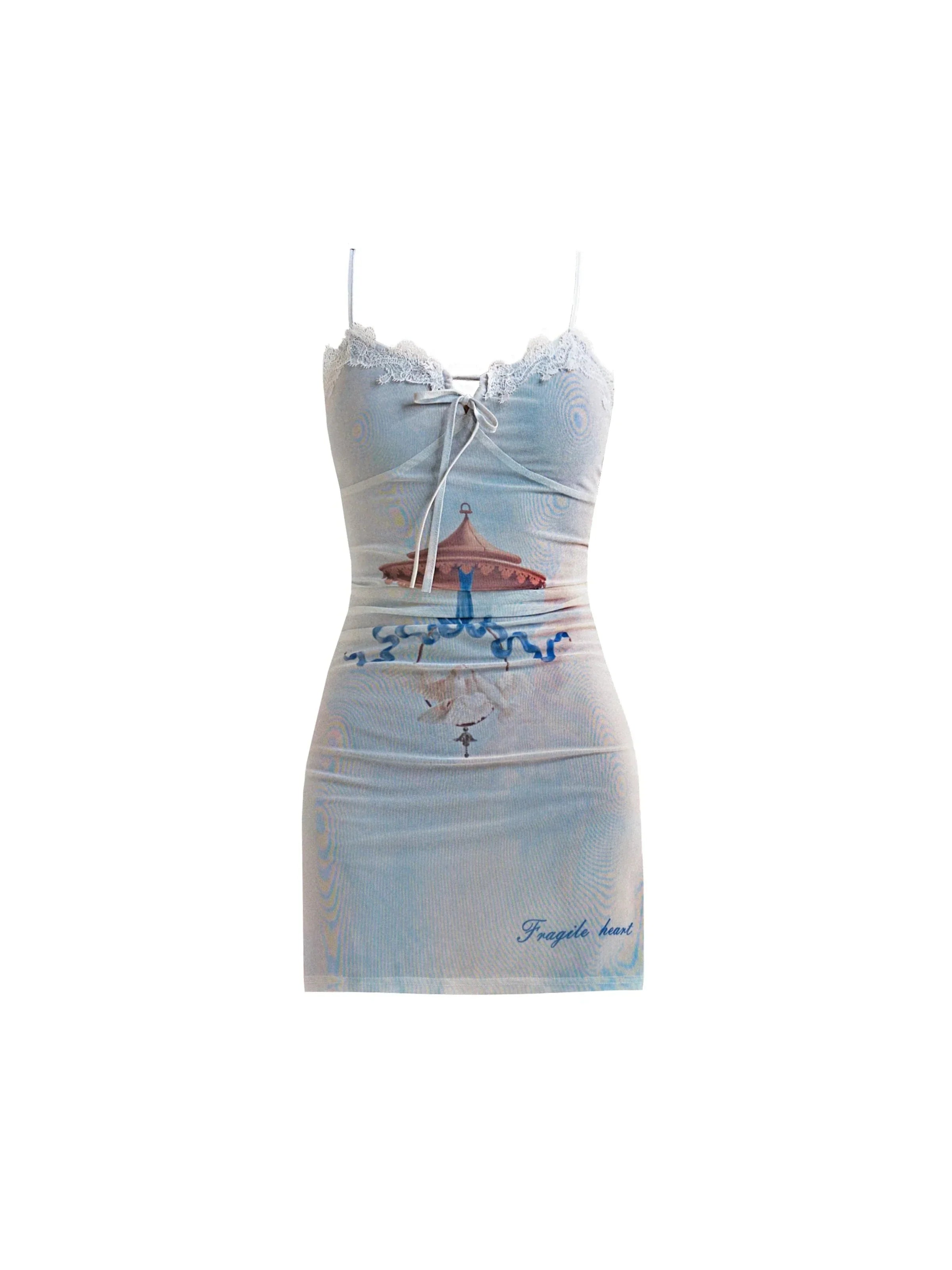 Whimsical Beach Print Spaghetti Strap Mini Dress with Lace Trim sneakershuborg