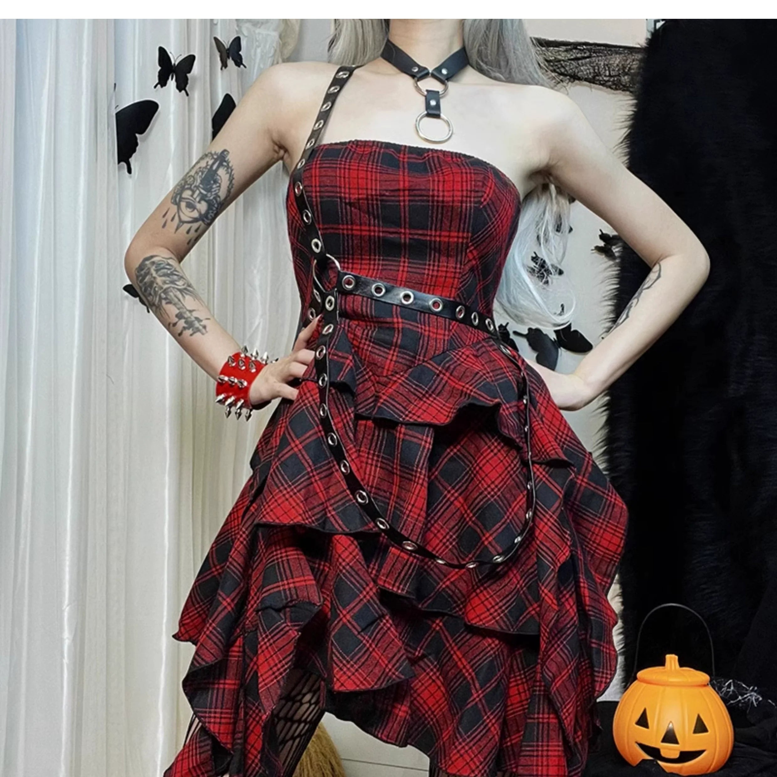 Wannathis Punk Tartan Mini Dress - Red Plaid Ruffle Tiered Goth Dress With Studded Harness - sneakershuborg