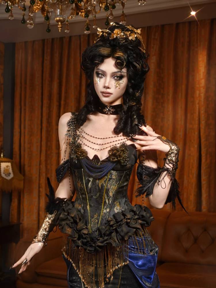 Victorian Steampunk Corset Dress - Gold Satin Gothic Ball Gown sneakershuborg