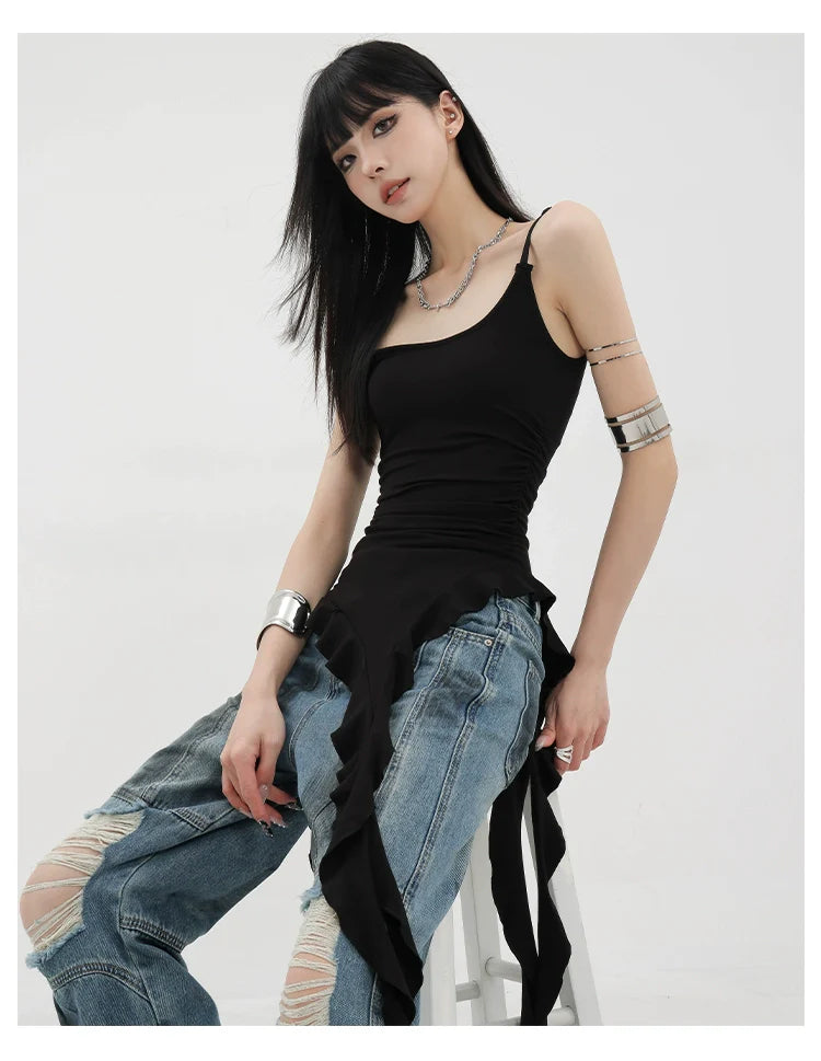 Black Asymmetric Ribbon Strap Tank Top With Ruffle Edge Design - sneakershuborg