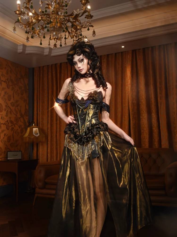 Victorian Steampunk Corset Dress - Gold Satin Gothic Ball Gown sneakershuborg