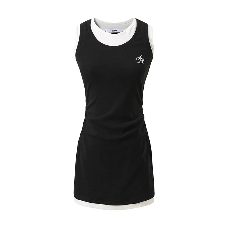 Athletic Layered Tank Dress - Sleeveless Fitted Mini with Contrast Trim sneakershuborg