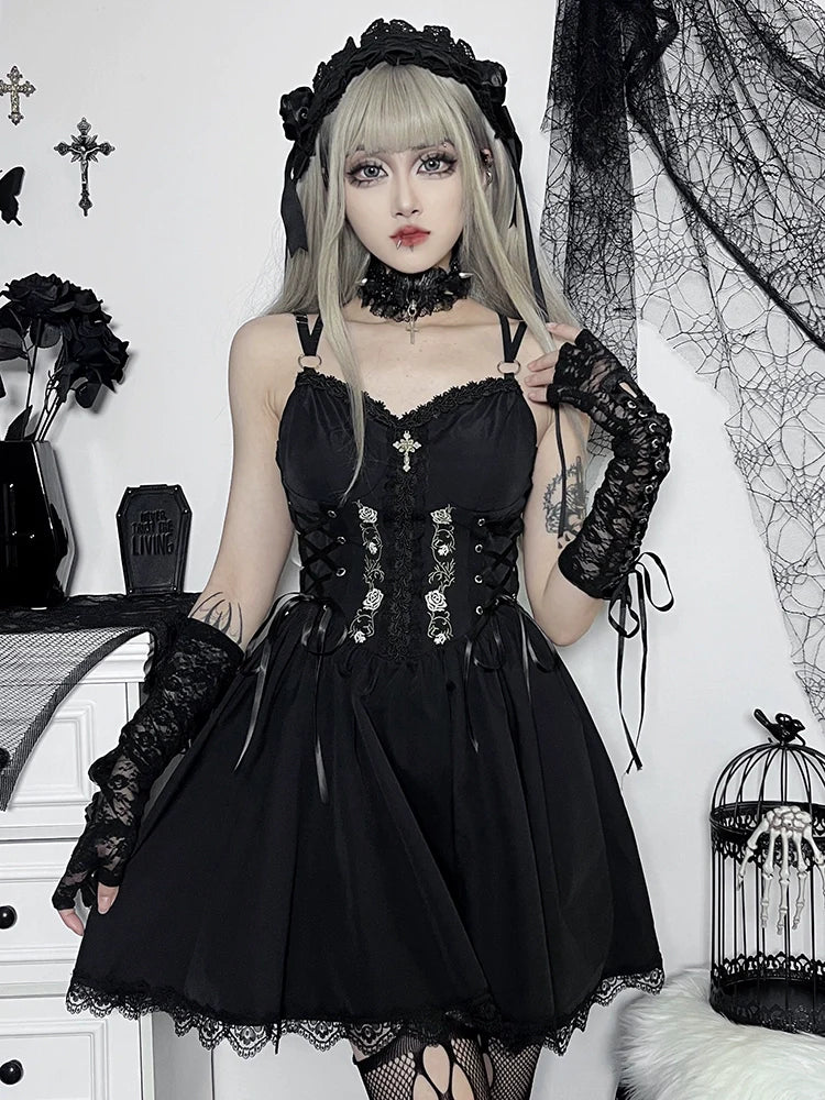 Wannathis Gothic Lolita Dress Set - Black Corset Mini Dress With Lace Bolero And Gloves - sneakershuborg