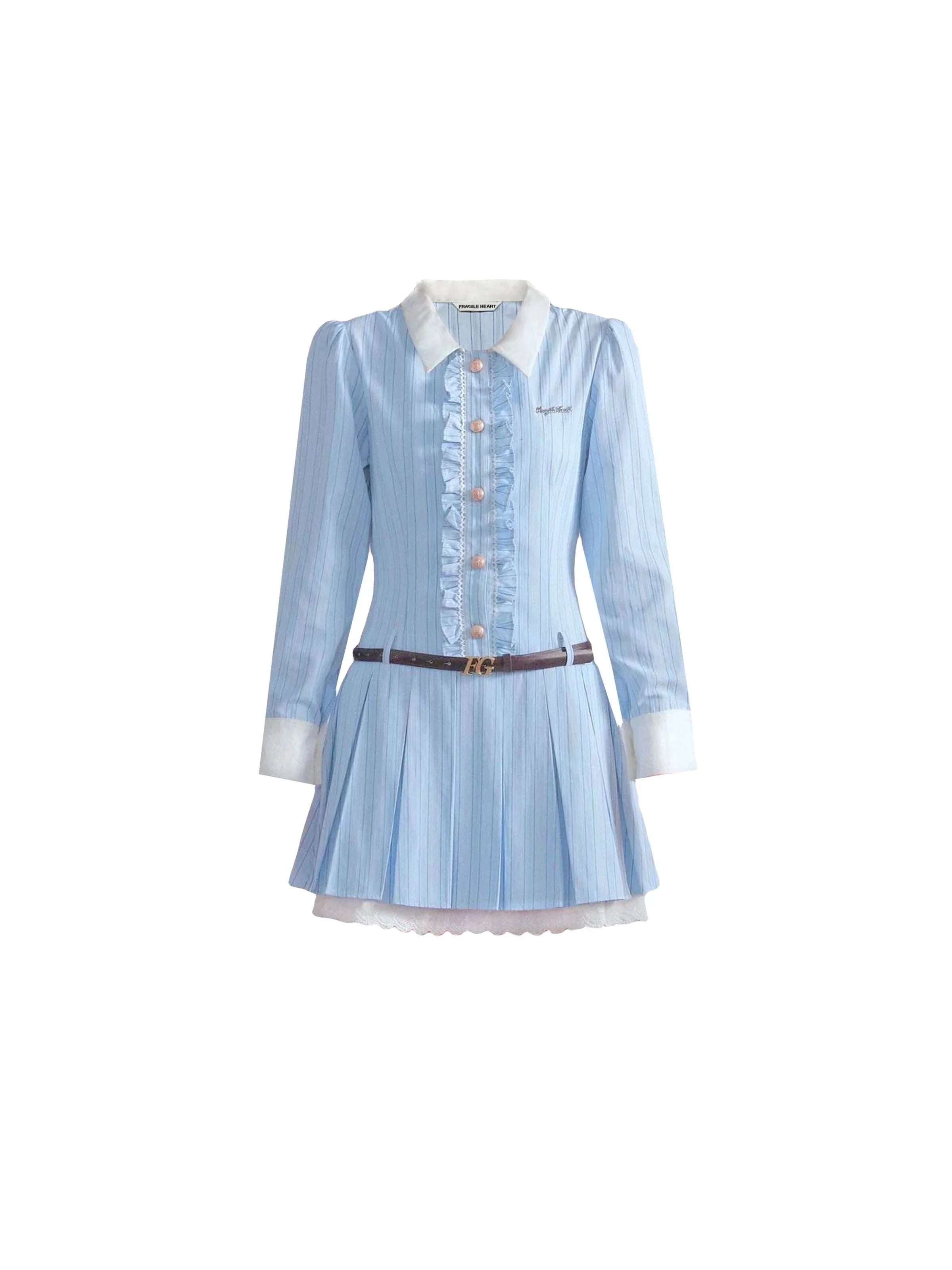 Vintage-Inspired Ruffled Chambray Mini Dress with Belt sneakershuborg