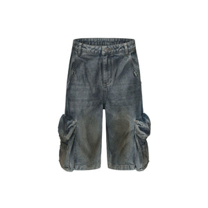 24Ans Distressed Denim Cargo Shorts - Men'S Loose Fit Washed Jean Shorts With Chain Accent - sneakershuborg