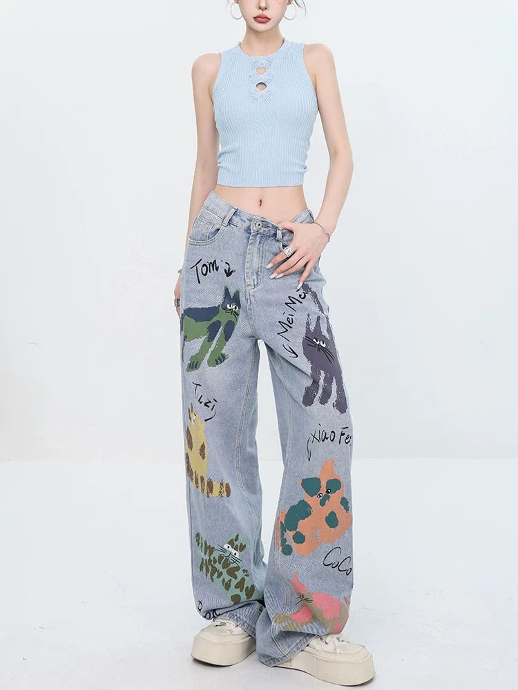 ABWEAR Whimsical Critter Doodle Wide-Leg Jeans sneakershuborg