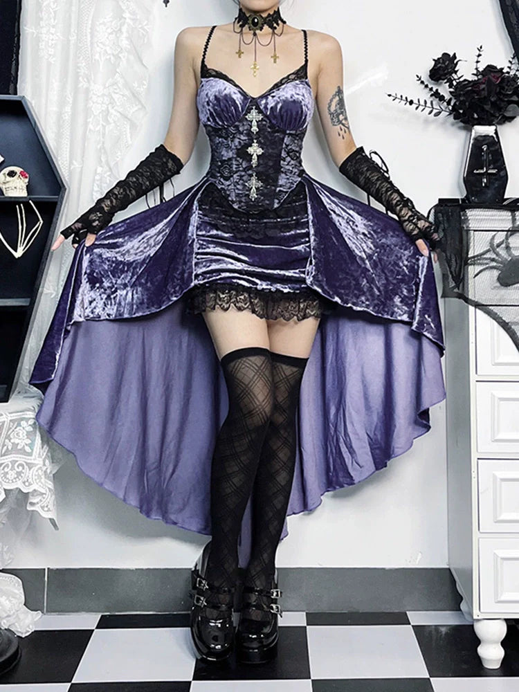 Wannathis Gothic Velvet Corset Dress Set - Purple High-Low Gown With Lace Trim And Black Lace Bolero - sneakershuborg