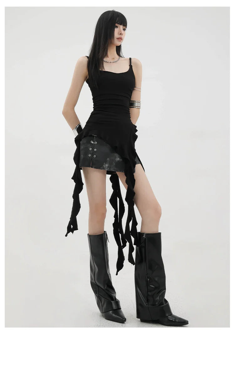 Black Asymmetric Ribbon Strap Tank Top With Ruffle Edge Design - sneakershuborg