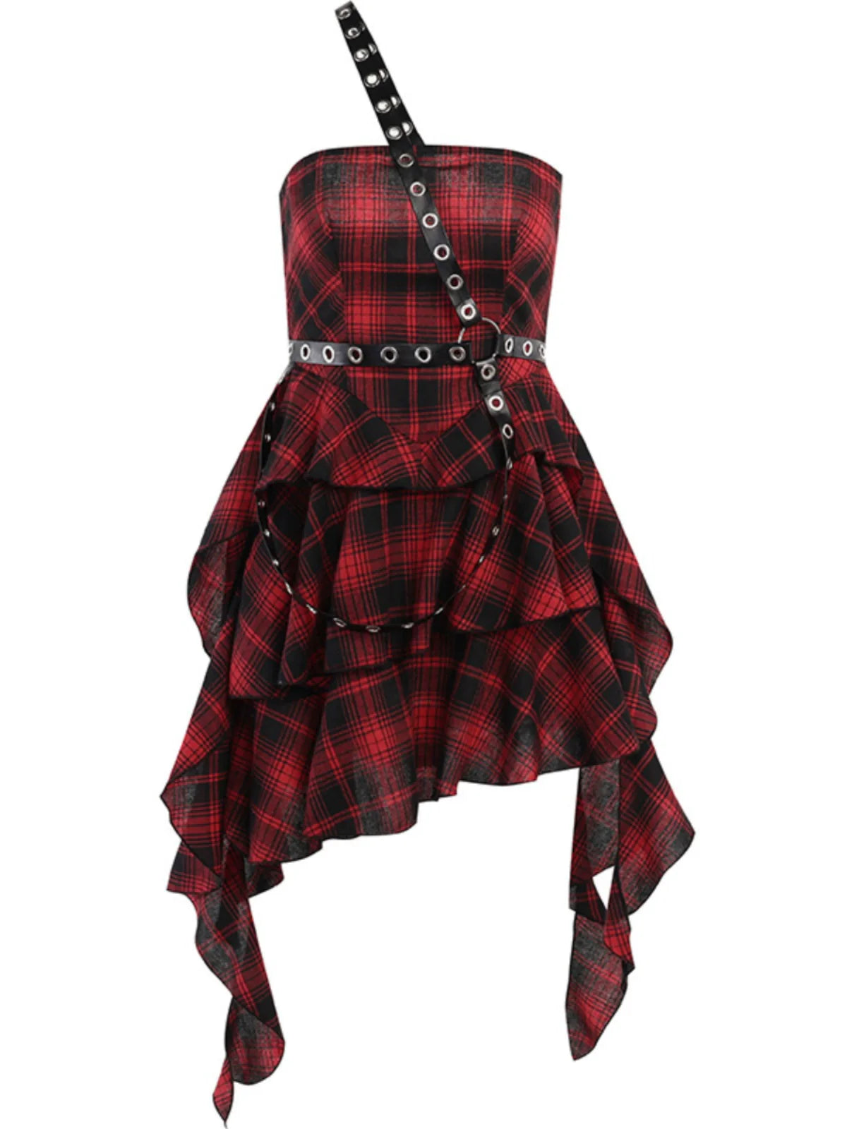 Wannathis Punk Tartan Mini Dress - Red Plaid Ruffle Tiered Goth Dress With Studded Harness - sneakershuborg