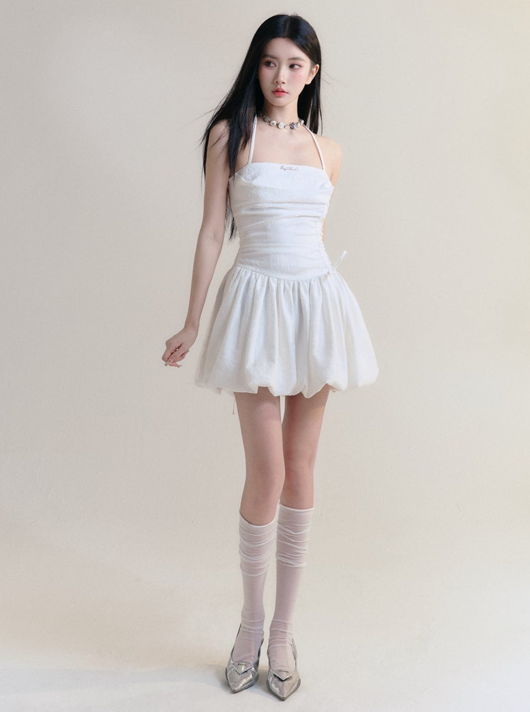 Angelic White Halter Mini Sundress with Ruched Bodice sneakershuborg