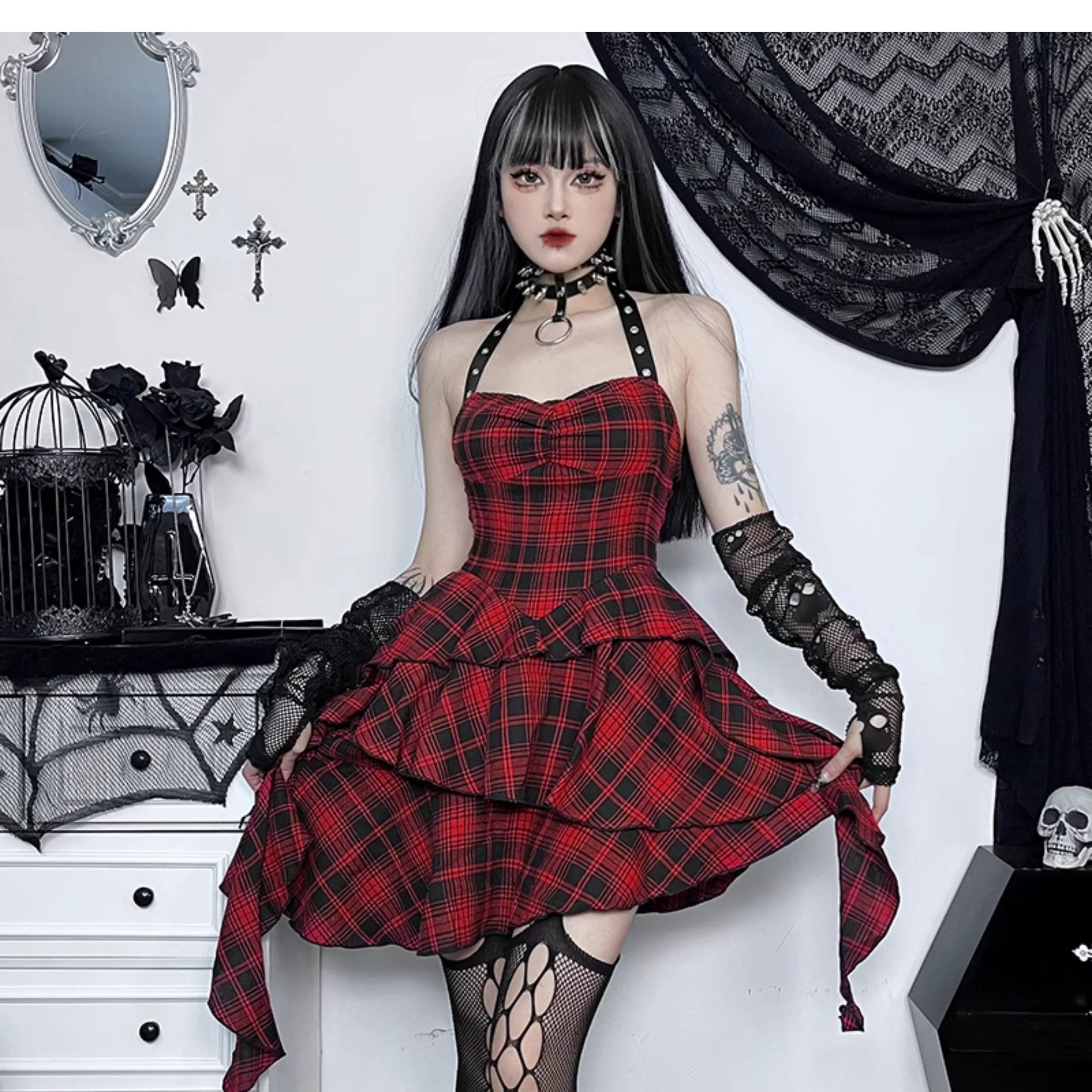 Wannathis Punk Tartan Mini Dress - Red Plaid Ruffle Tiered Goth Dress With Studded Harness - sneakershuborg