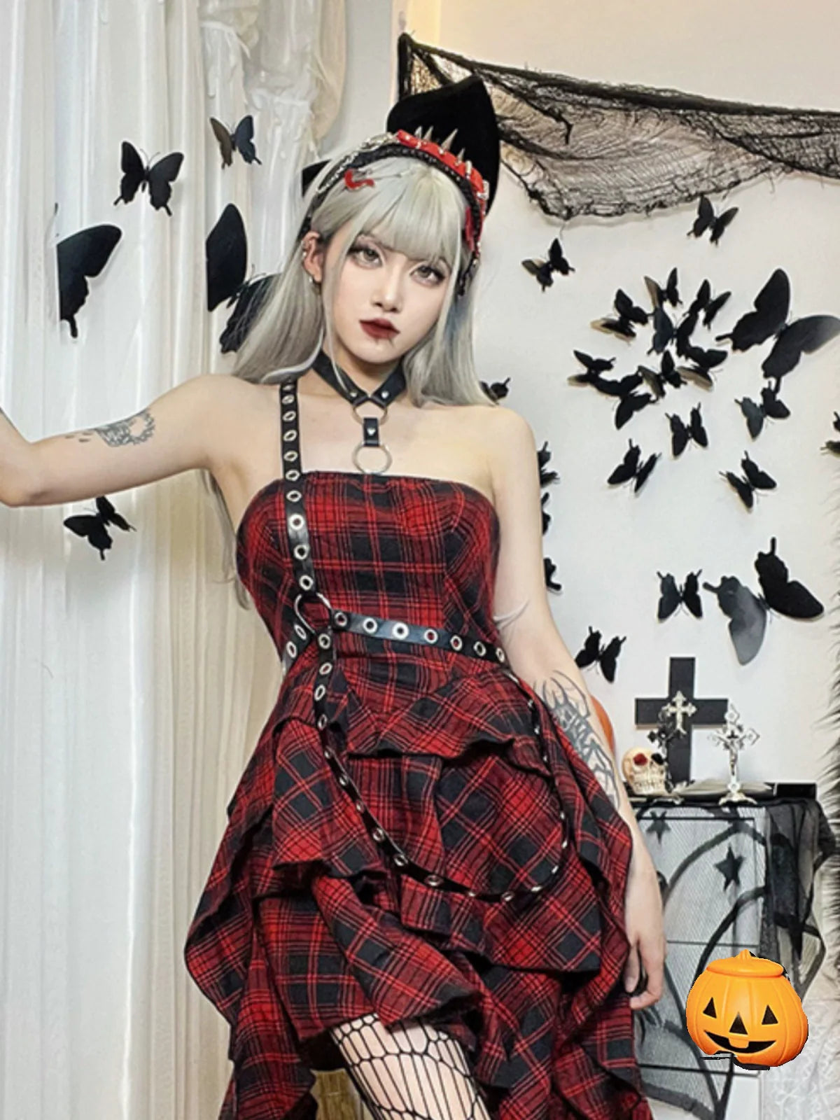 Wannathis Punk Tartan Mini Dress - Red Plaid Ruffle Tiered Goth Dress With Studded Harness - sneakershuborg