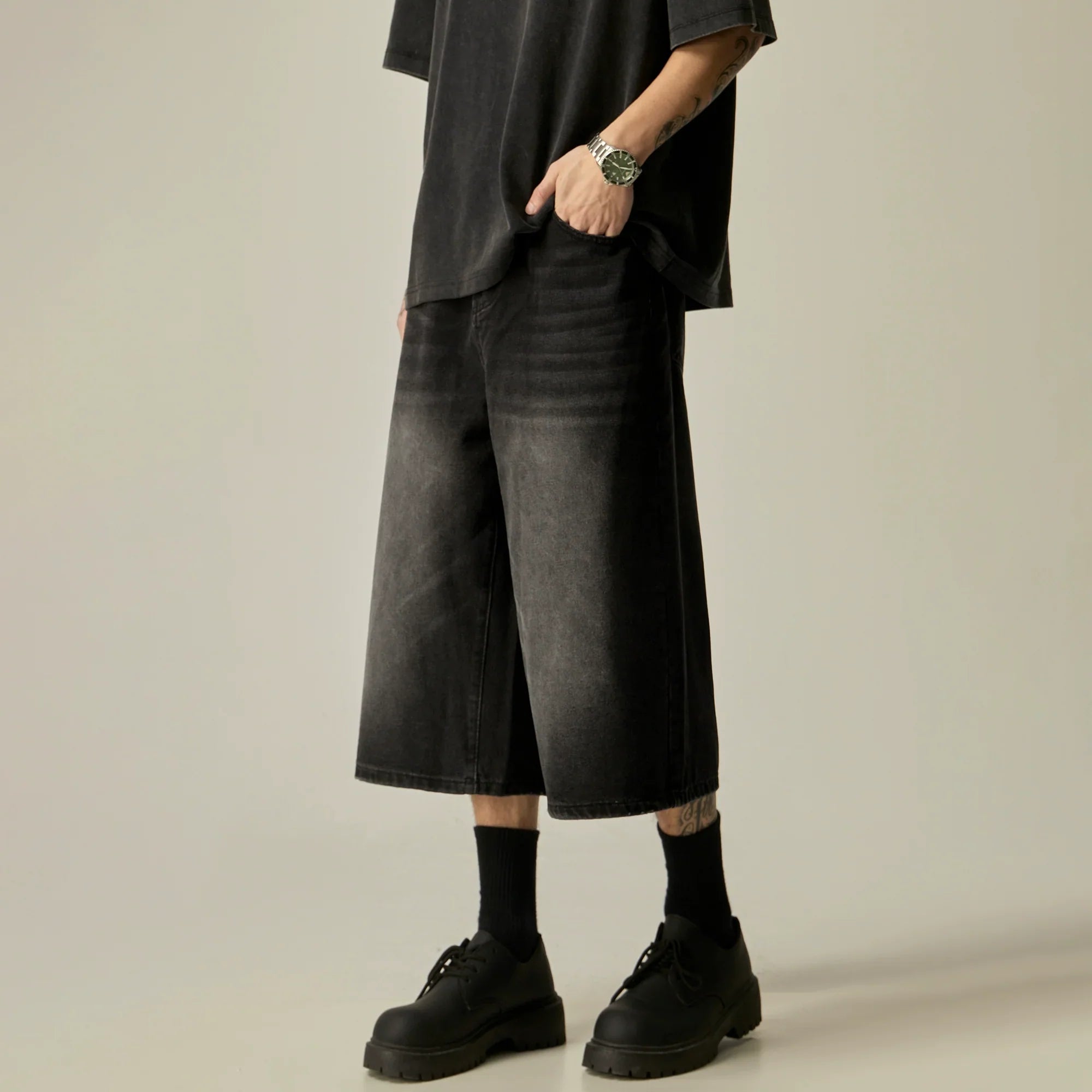 Charcoal Wide-Leg Cropped Denim Culottes sneakershuborg