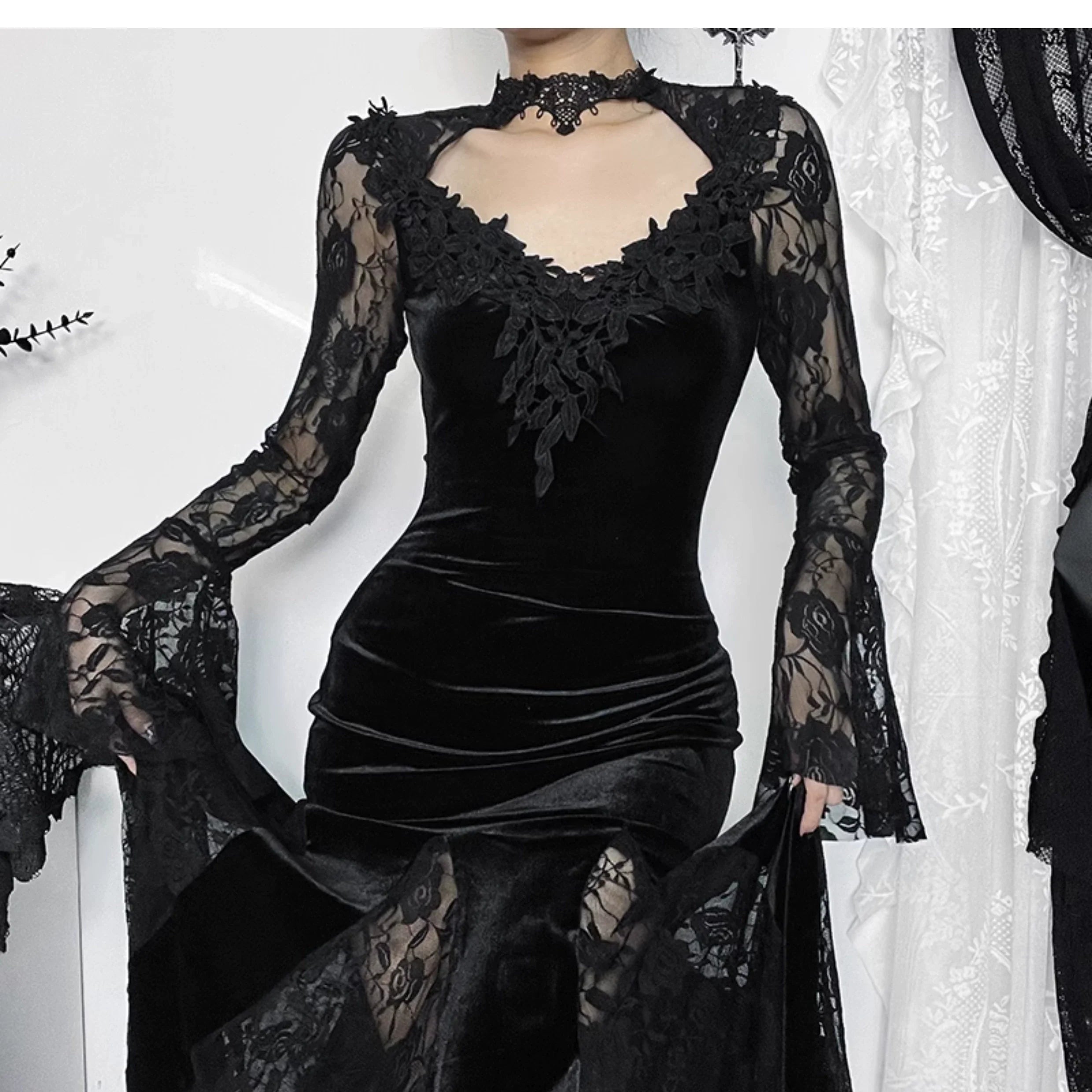 Wannathis Gothic Velvet Mermaid Gown - Long Sleeve Lace Floor-Length Dress With High Collar - sneakershuborg