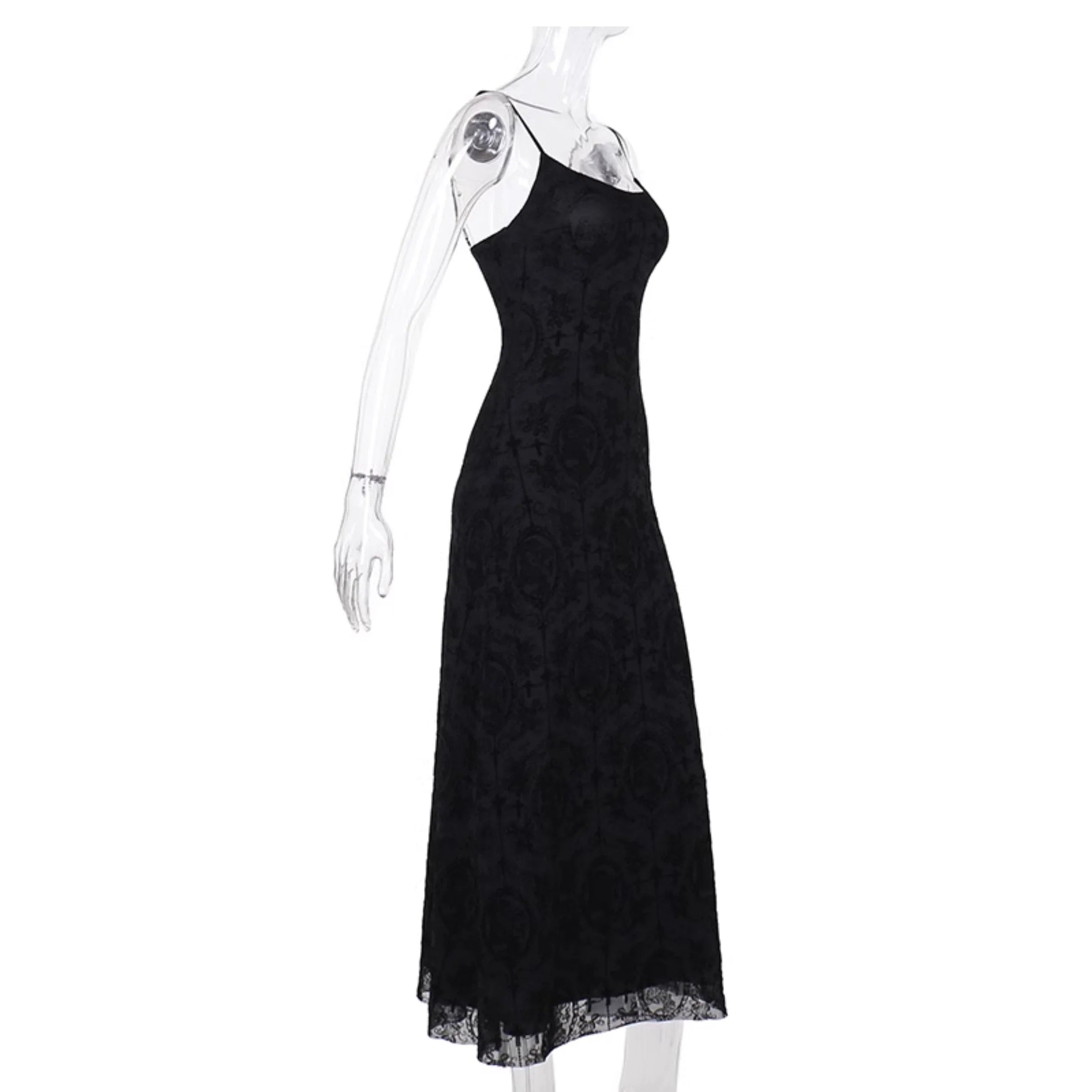 Wannathis Gothic Velvet Maxi Dress - Black Spaghetti Strap Burnout Gown With Lace-Up Arm Warmers - sneakershuborg