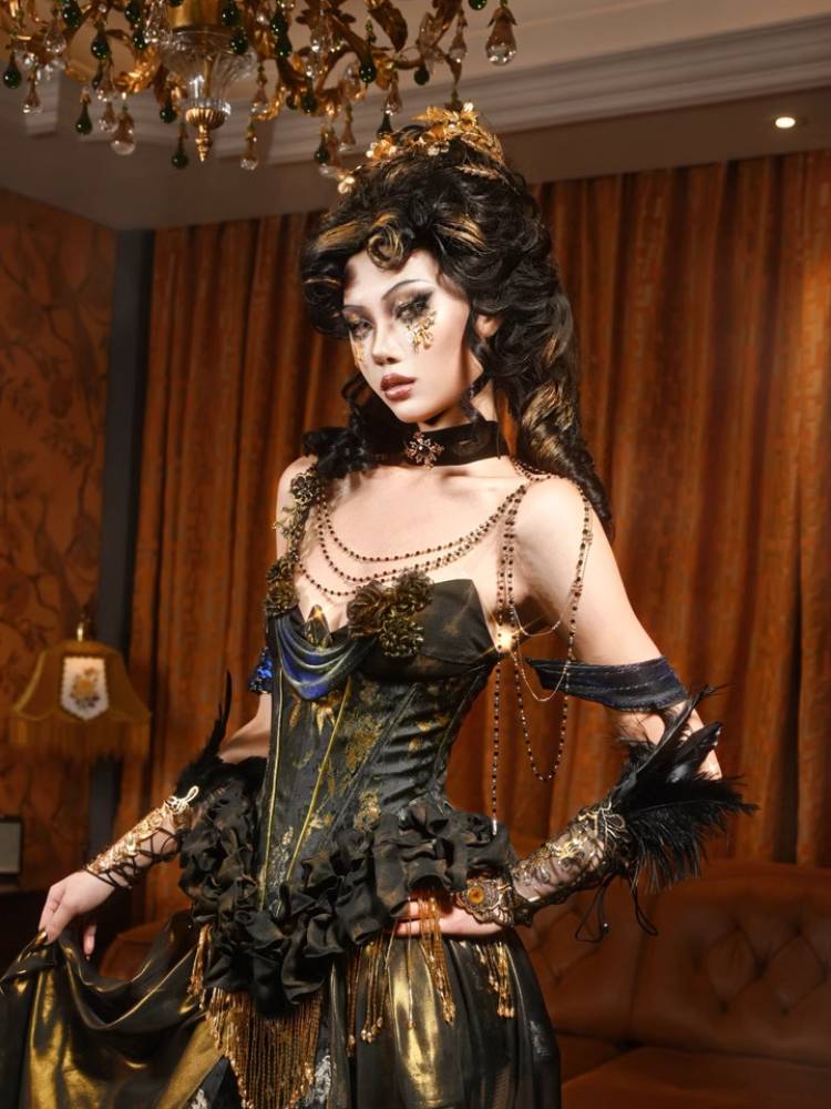 Victorian Steampunk Corset Dress - Gold Satin Gothic Ball Gown sneakershuborg