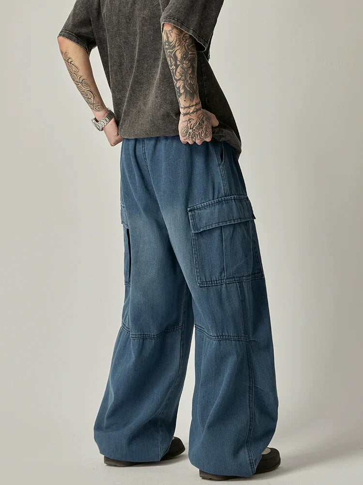 Wide-Leg Washed Black Cargo Jeans with Drawstring Waist sneakershuborg