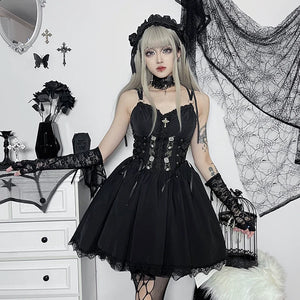 Wannathis Gothic Lolita Dress Set - Black Corset Mini Dress With Lace Bolero And Gloves - sneakershuborg