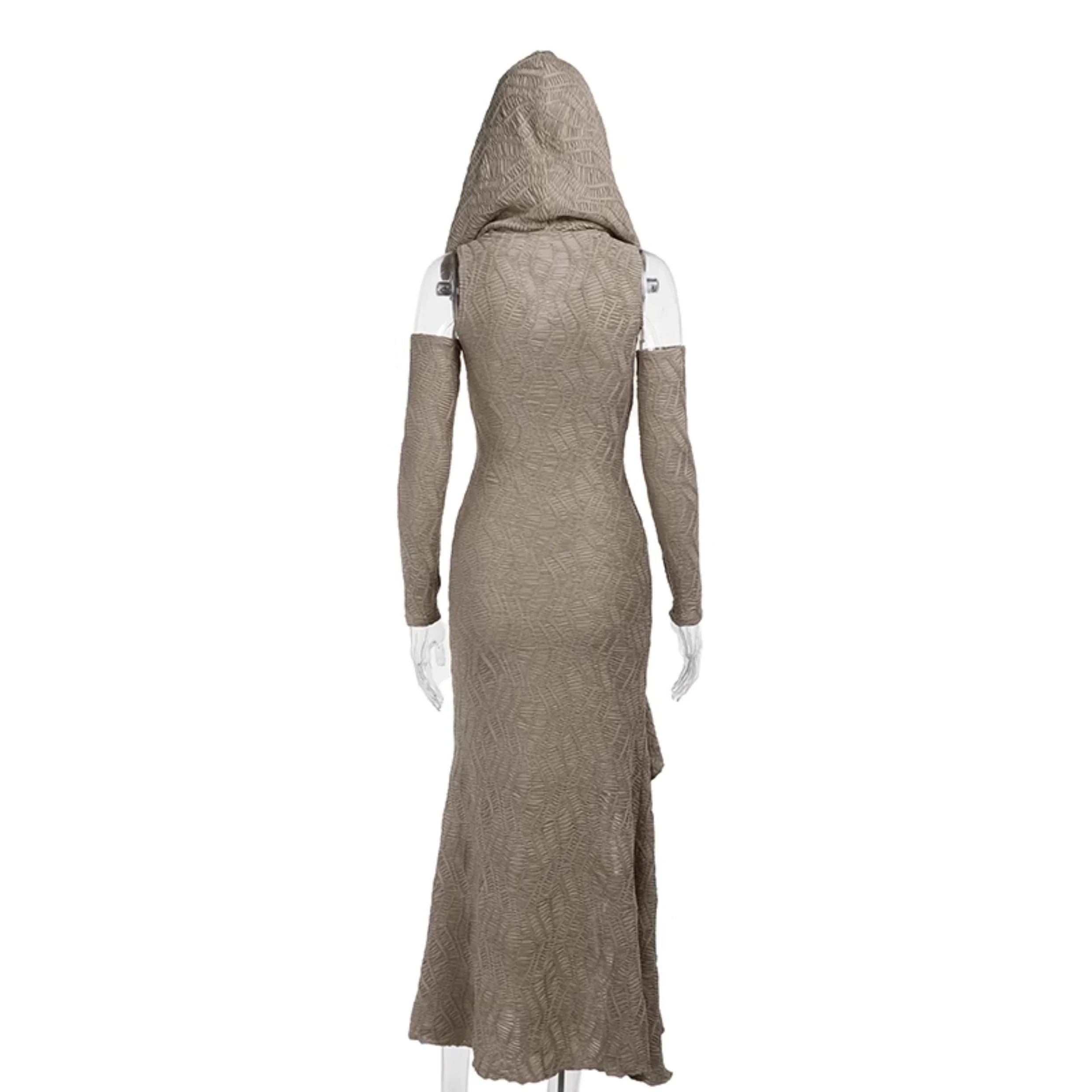 Wannathis Avant-Garde Hooded Maxi Dress - Taupe Cold Shoulder Gown With Ruffle Detail - sneakershuborg