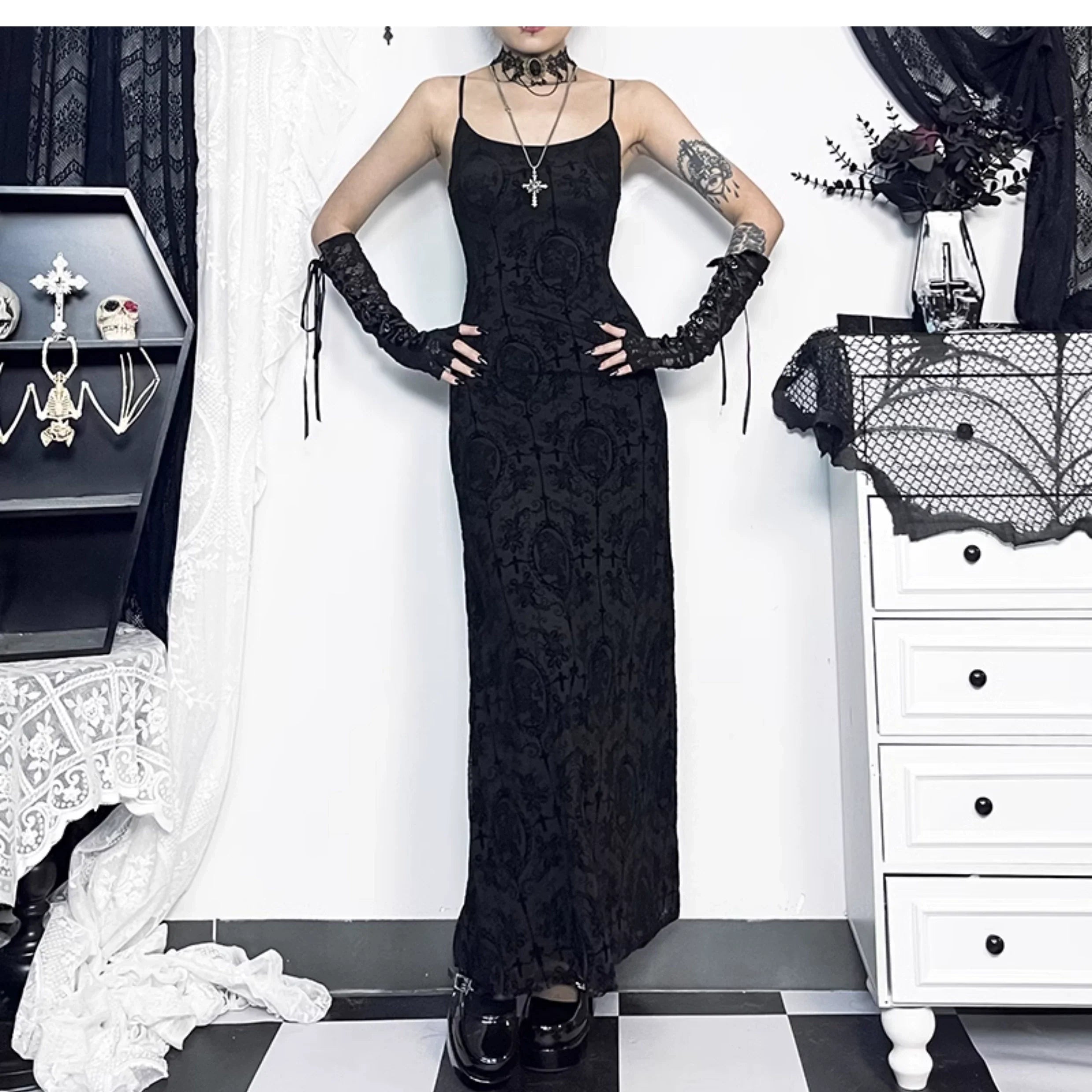 Wannathis Gothic Velvet Maxi Dress - Black Spaghetti Strap Burnout Gown With Lace-Up Arm Warmers - sneakershuborg