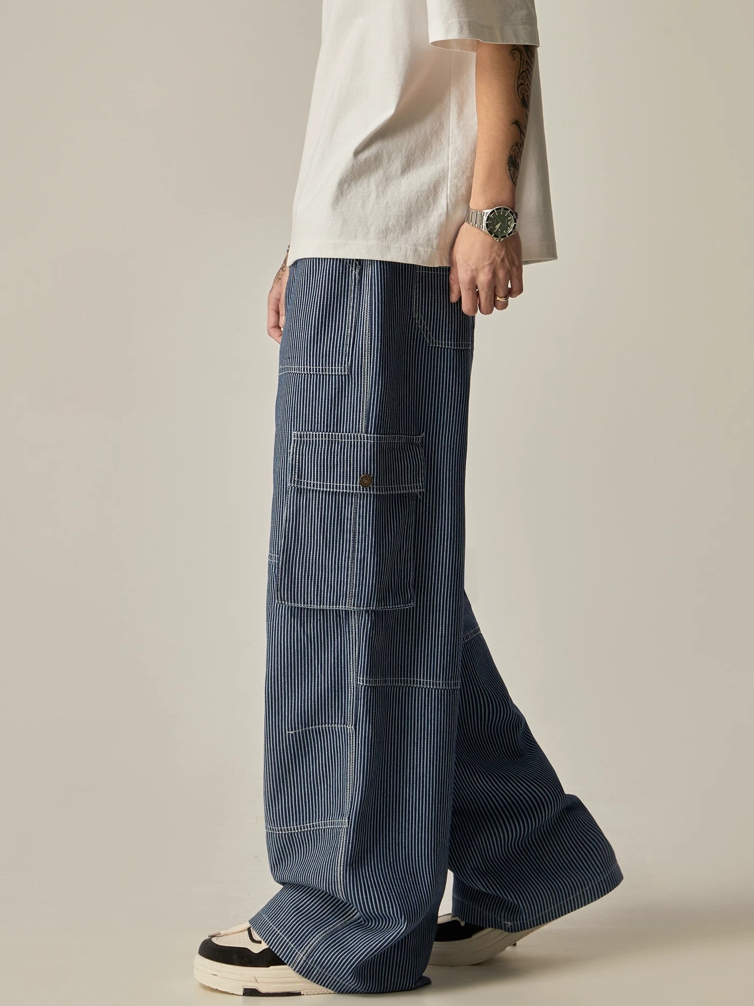 Pinstriped Wide-Leg Cargo Utility Pants sneakershuborg