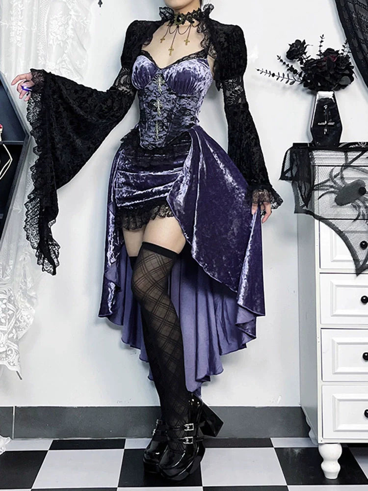 Wannathis Gothic Velvet Corset Dress Set - Purple High-Low Gown With Lace Trim And Black Lace Bolero - sneakershuborg