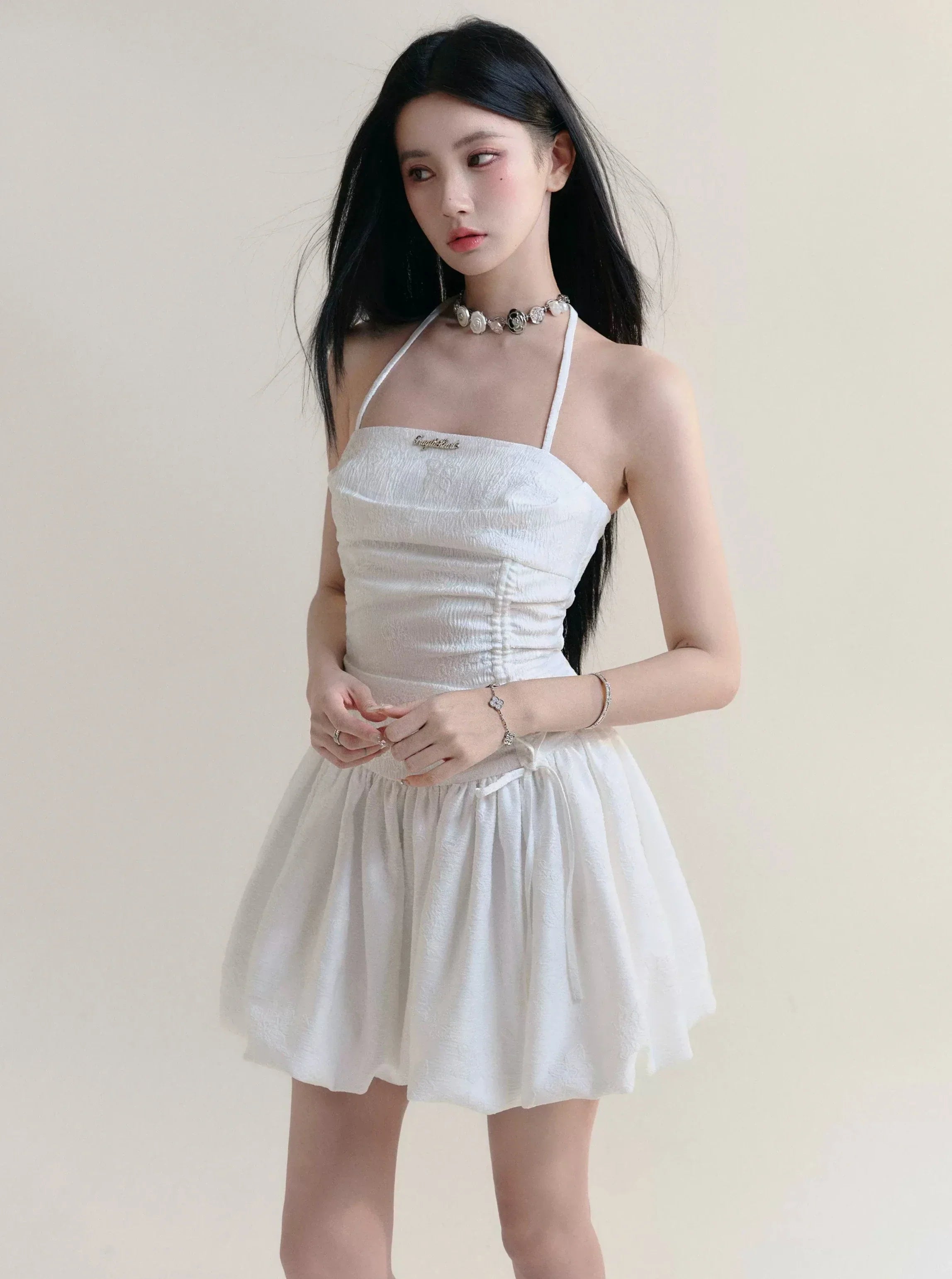 Angelic White Halter Mini Sundress with Ruched Bodice sneakershuborg