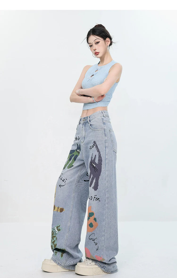 ABWEAR Whimsical Critter Doodle Wide-Leg Jeans sneakershuborg