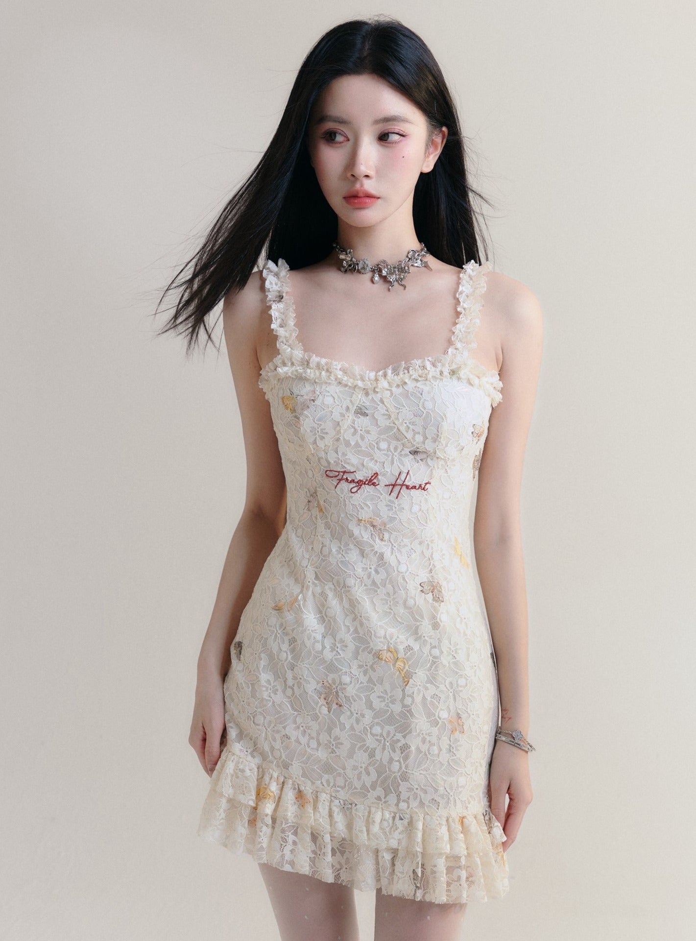 Vintage-Inspired Floral Lace Mini Dress with Ruffle Trim sneakershuborg