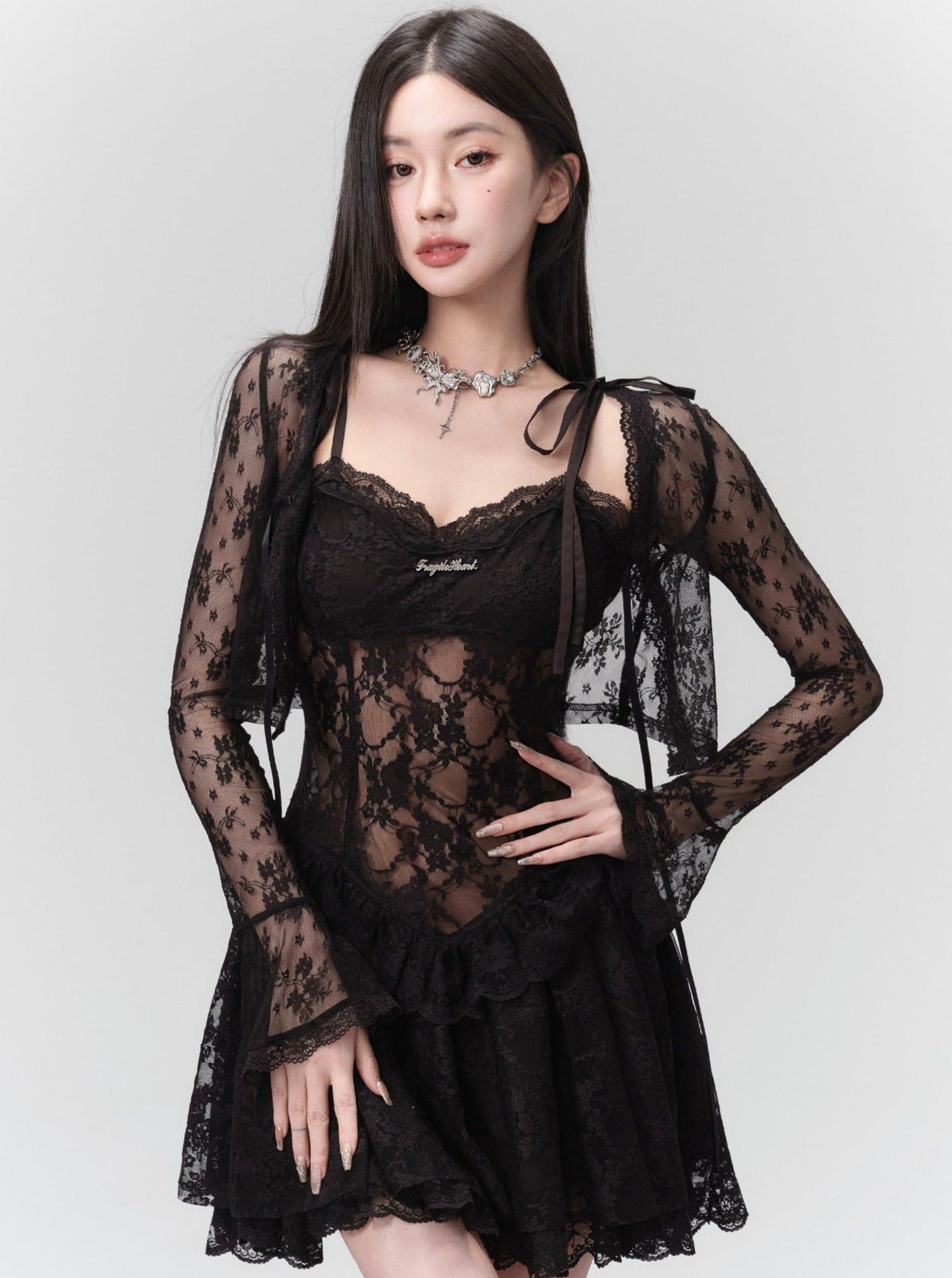 Seductive Black Lace Corset Mini Dress with Tie Straps - sneakershuborg