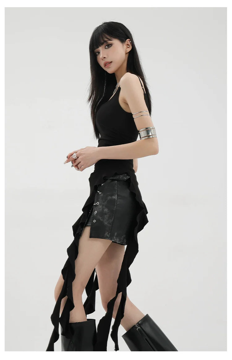 Black Asymmetric Ribbon Strap Tank Top With Ruffle Edge Design - sneakershuborg