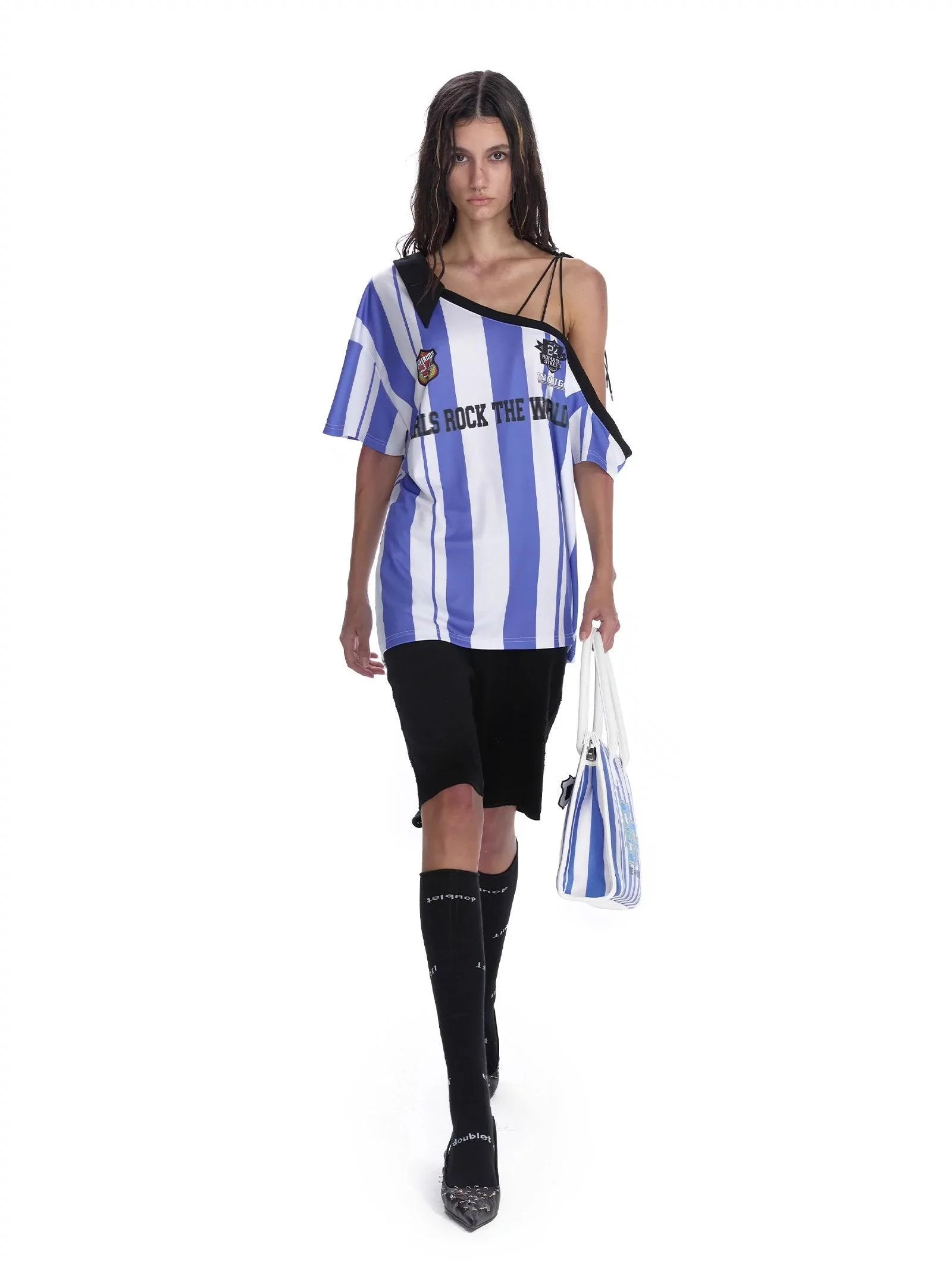 24Ans Striped Off-Shoulder Soccer Jersey - Unisex Asymmetric One-Sleeve Sports Top - sneakershuborg