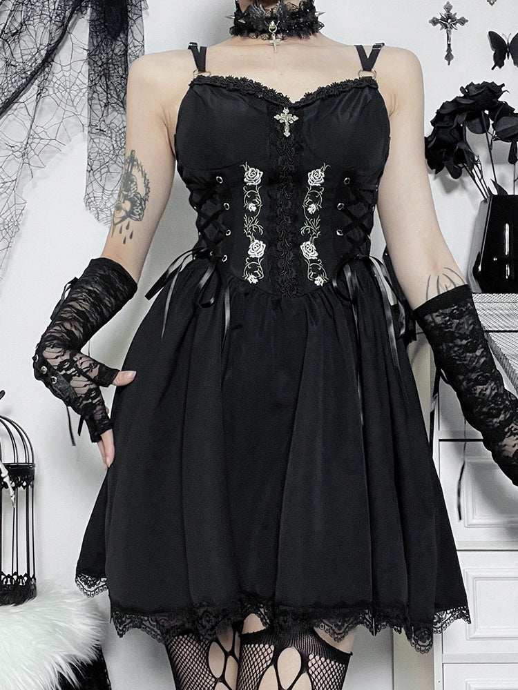 Wannathis Gothic Lolita Dress Set - Black Corset Mini Dress With Lace Bolero And Gloves - sneakershuborg