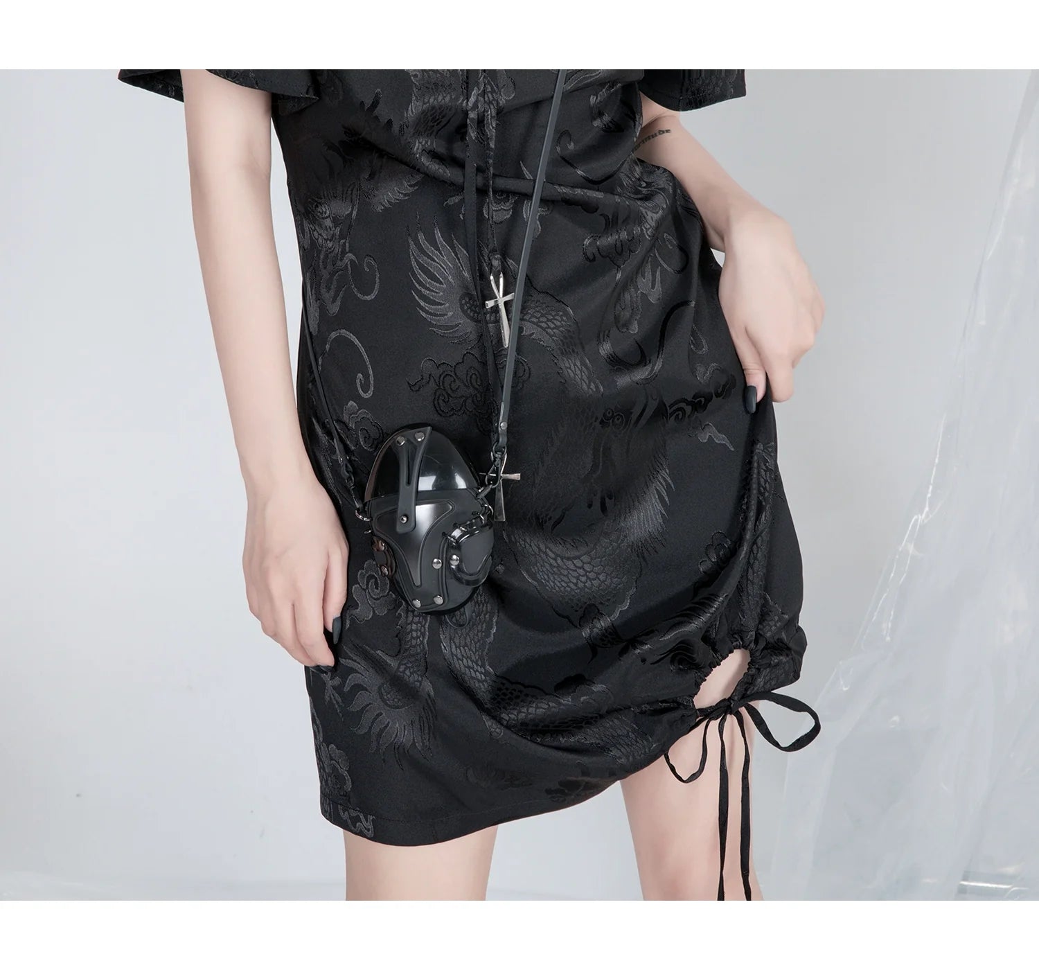 Yubaby Gothic Cheongsam Mini Dress - Black Satin With Dragon Print, Cross Charms, And Asymmetric Hem - sneakershuborg