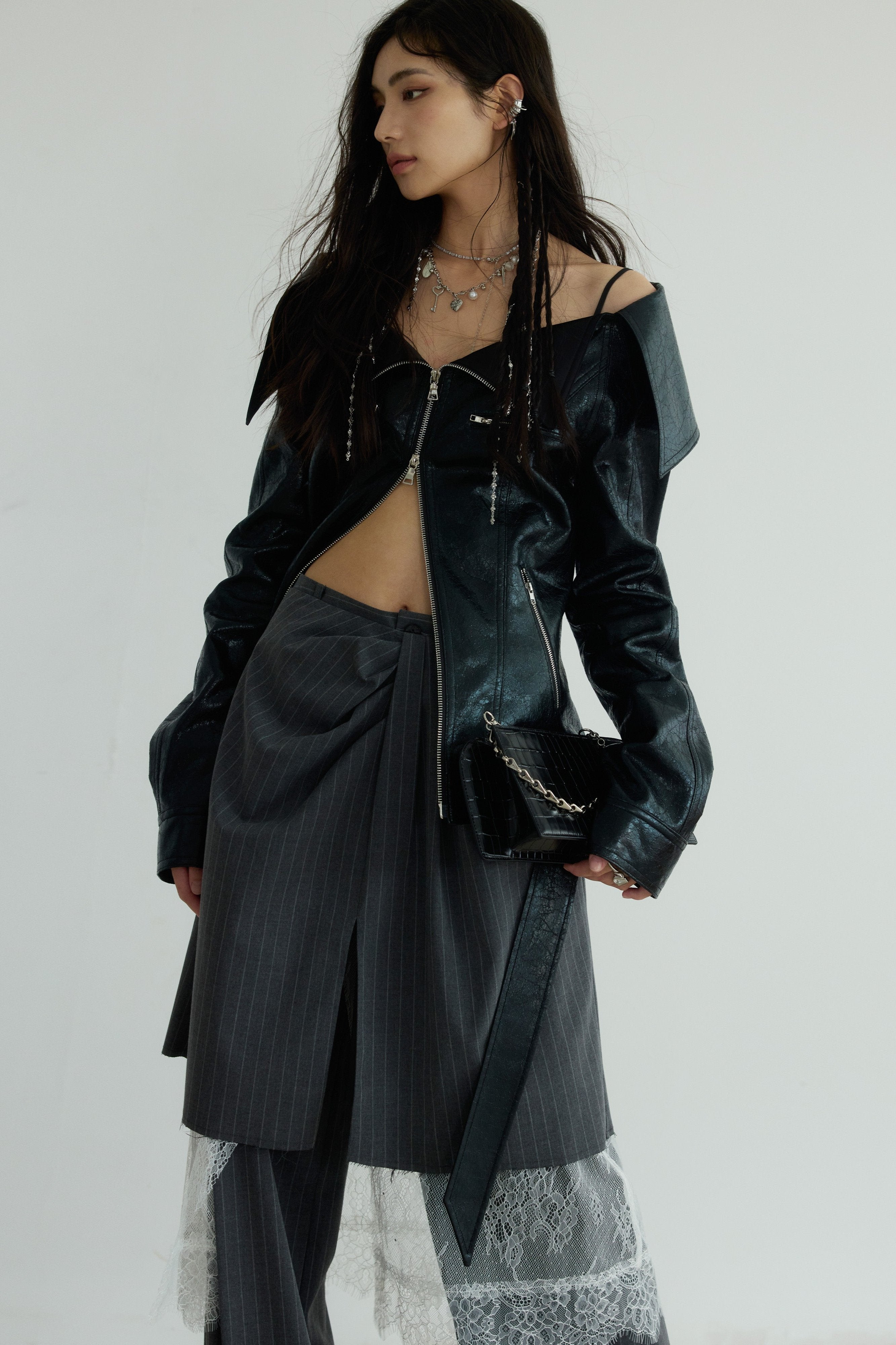 Raven Wing Off-Shoulder Leather Jacket sneakershuborg