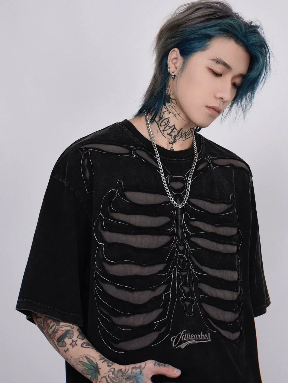 Skeleton Ribcage Mesh Cutout Oversized T-Shirt sneakershuborg