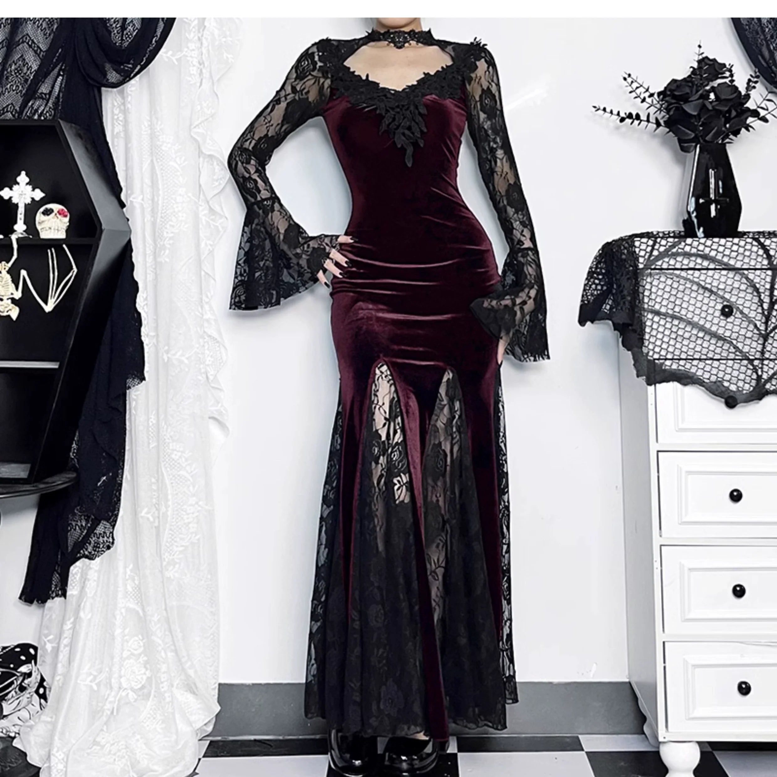 Wannathis Gothic Velvet Mermaid Gown - Long Sleeve Lace Floor-Length Dress With High Collar - sneakershuborg