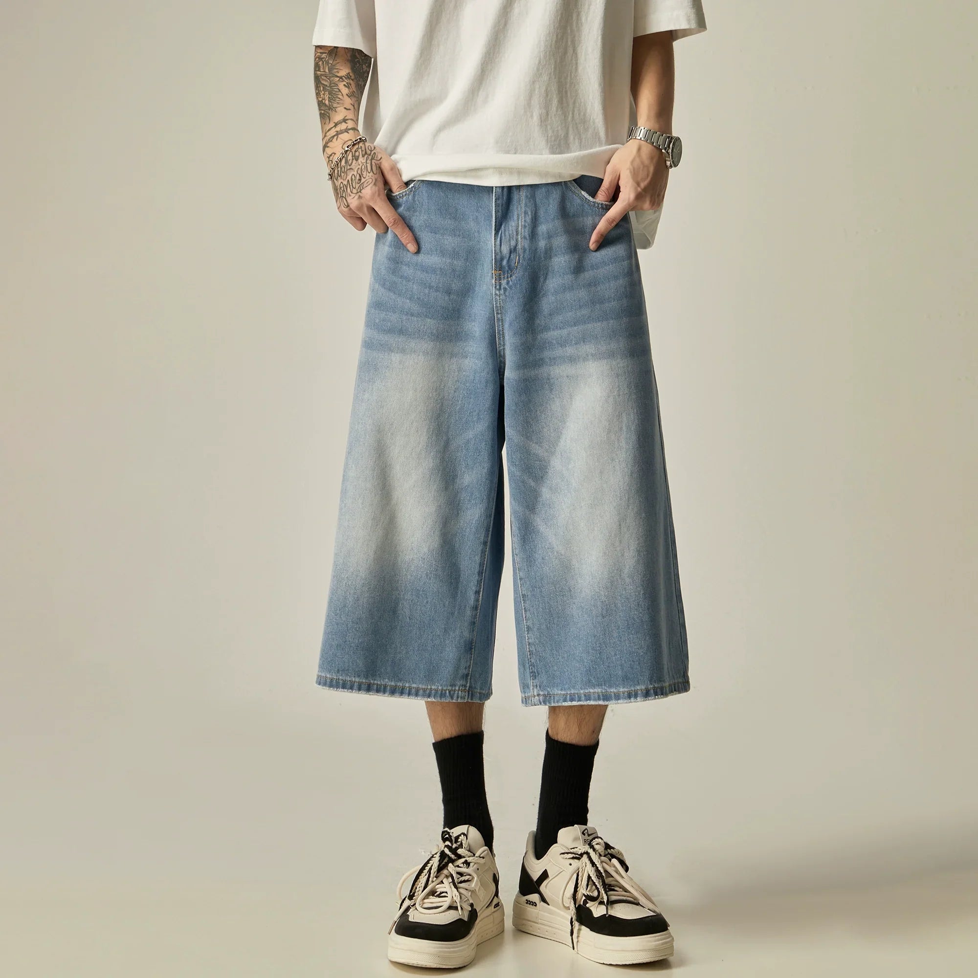 Charcoal Wide-Leg Cropped Denim Culottes sneakershuborg