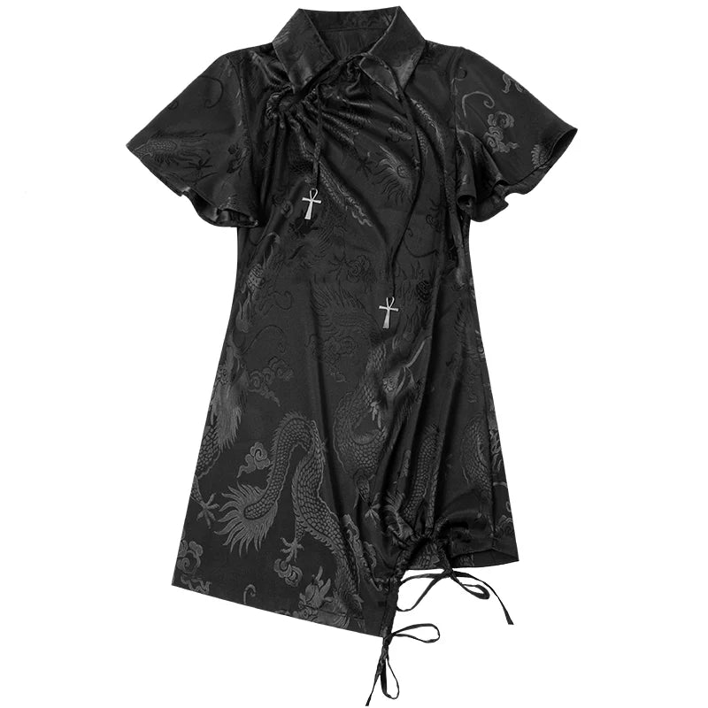 Yubaby Gothic Cheongsam Mini Dress - Black Satin With Dragon Print, Cross Charms, And Asymmetric Hem - sneakershuborg