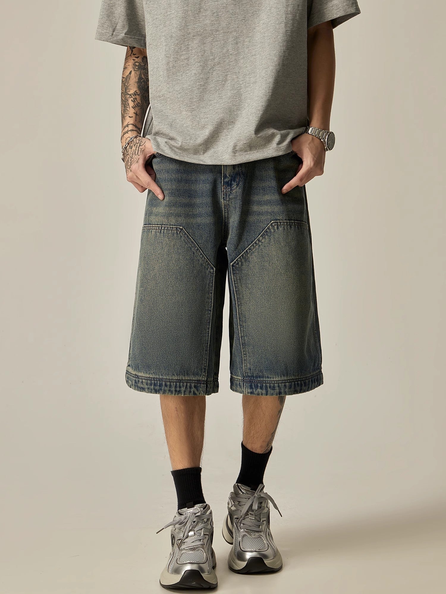 Vintage Wash Wide-Leg Denim Culottes with Panel Detail sneakershuborg