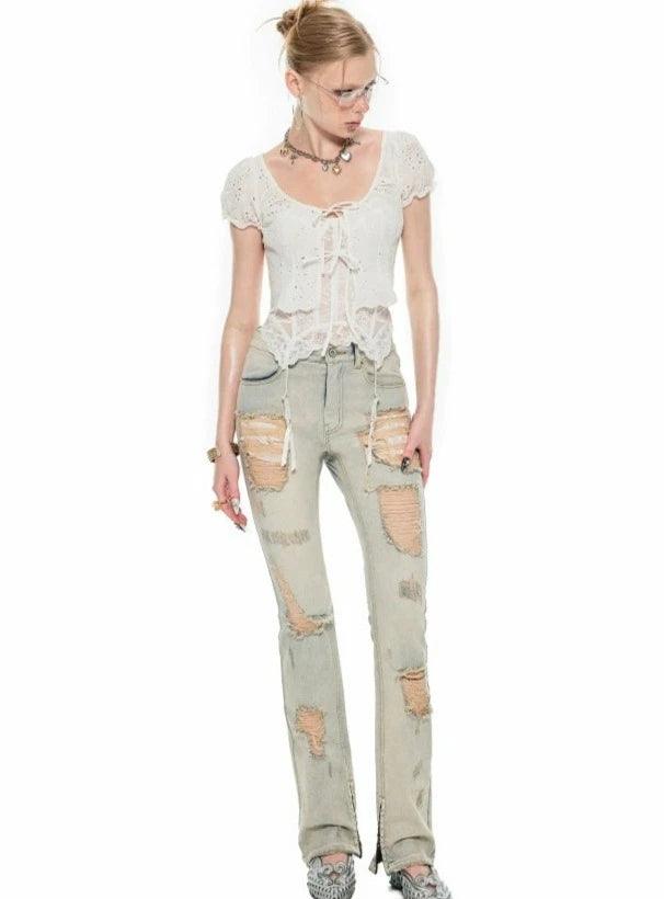 1Jin Light Wash Distressed Straight Leg Jeans - Women'S High-Rise Ripped Denim Pants - sneakershuborg