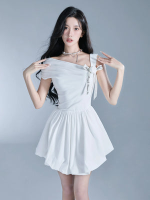 Angelic One-Shoulder White Ballerina Mini Dress with Bow Detail sneakershuborg