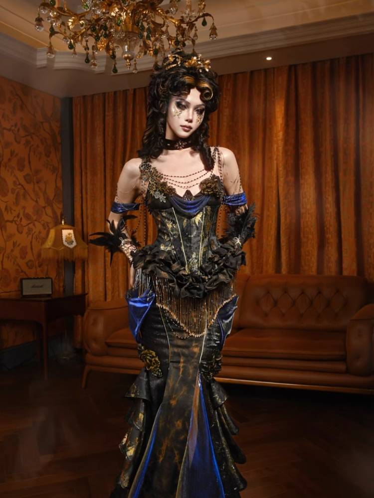 Victorian Steampunk Corset Dress - Gold Satin Gothic Ball Gown sneakershuborg