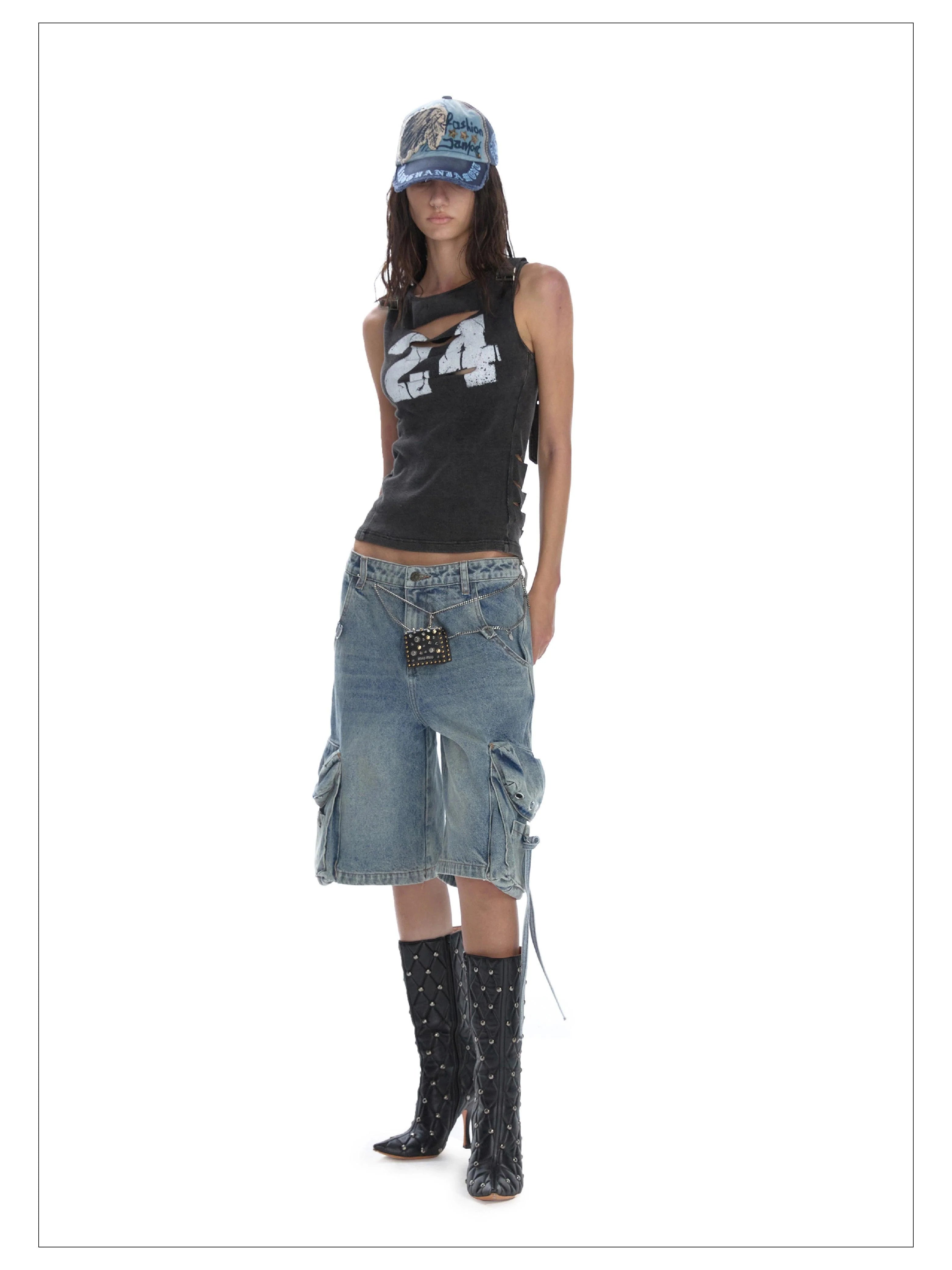 24Ans Distressed '24' Graphic Tank Top - Women'S Sleeveless Cut-Out Ribbed Jersey - sneakershuborg