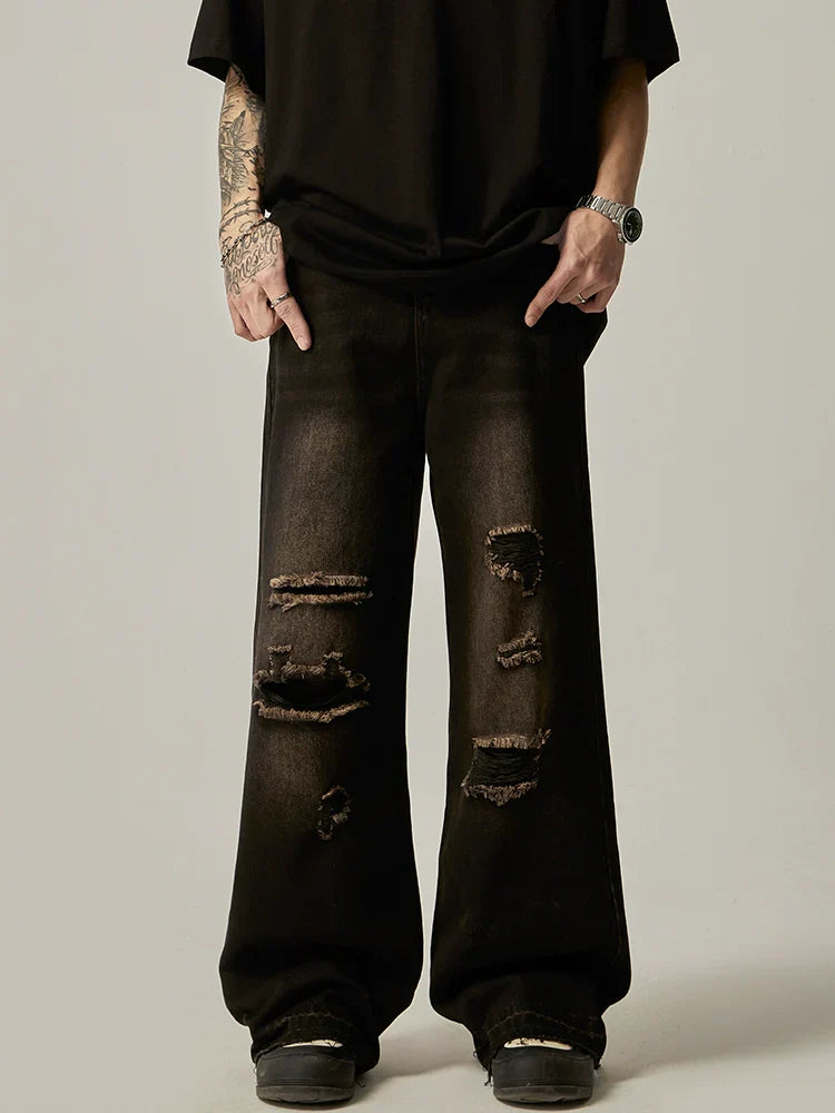 Distressed Wide-Leg Charcoal Denim Jeans sneakershuborg